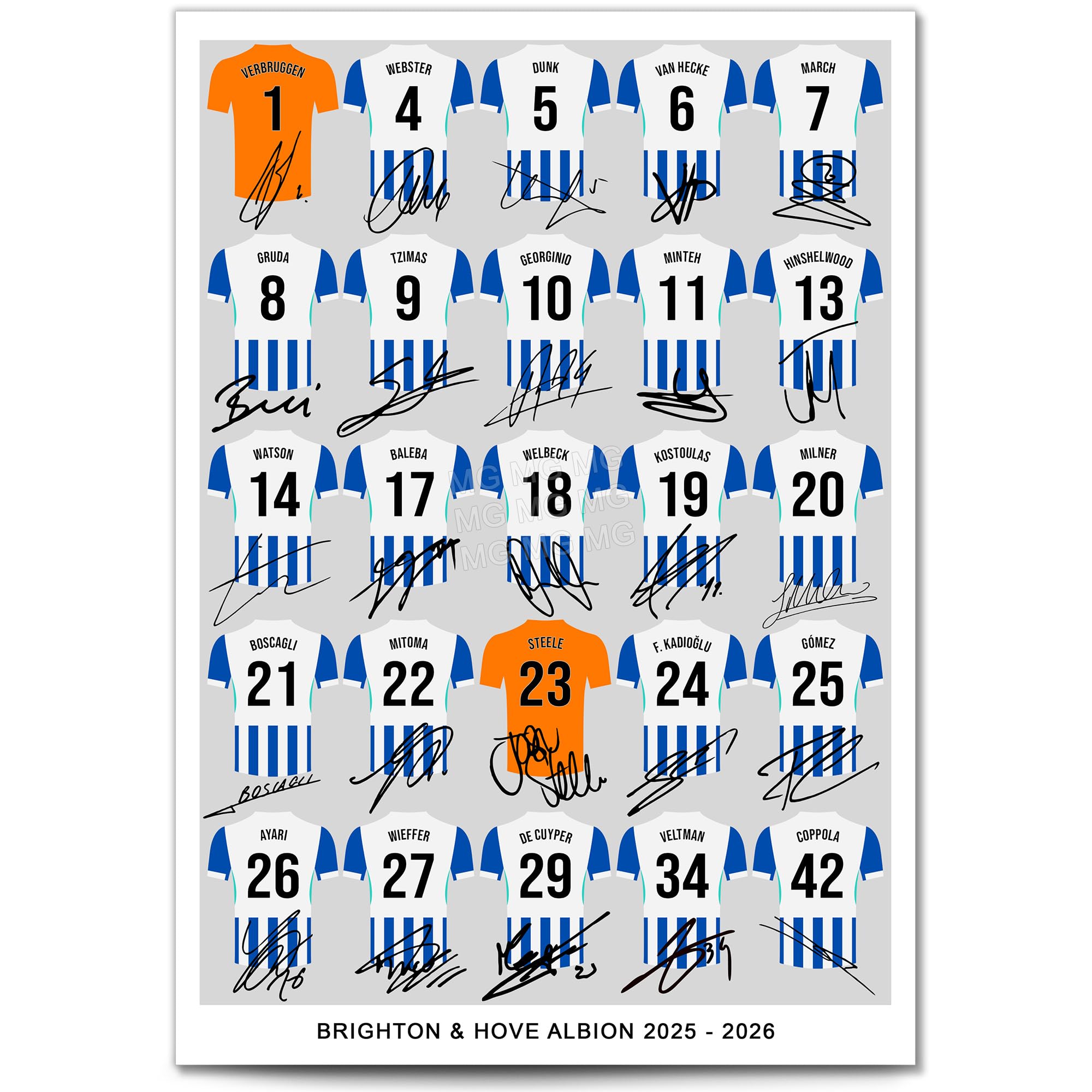 Mounted Gifts Trading Brighton & Hove Albion Team Squad 2025-2026 Signed Poster Print Framed Picture Photo Autograph Gift 25/26 Kaoru Mitoma Minteh Dunk Welbeck (A4 Squad Poster)