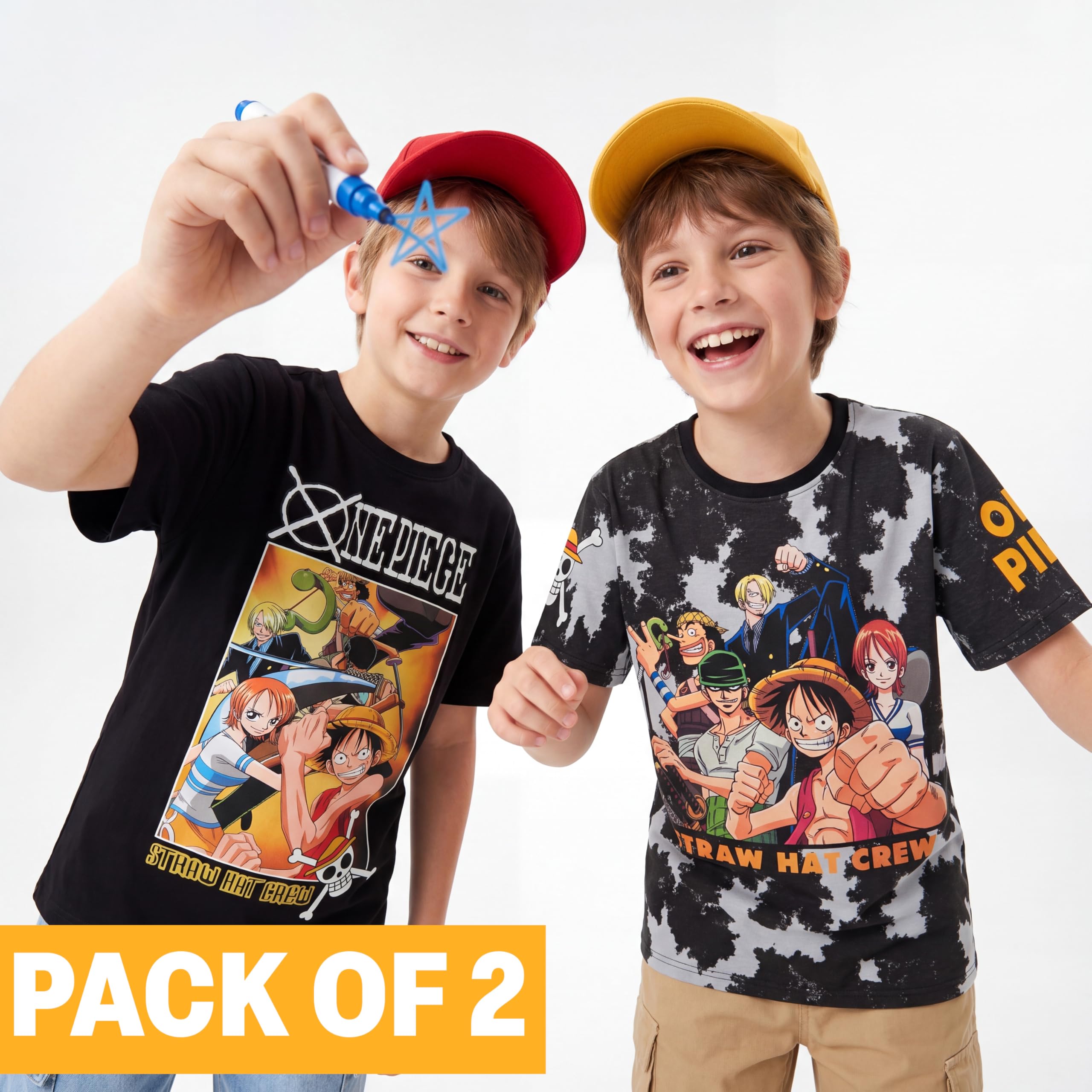 One Piece | Dragon Ball Z T-Shirt Garcon, Lot de 2 Ras du Cou et Manches Courtes Coton T Shirt Ete, Douce et Respirant, Anime Merch Idee Cadeau