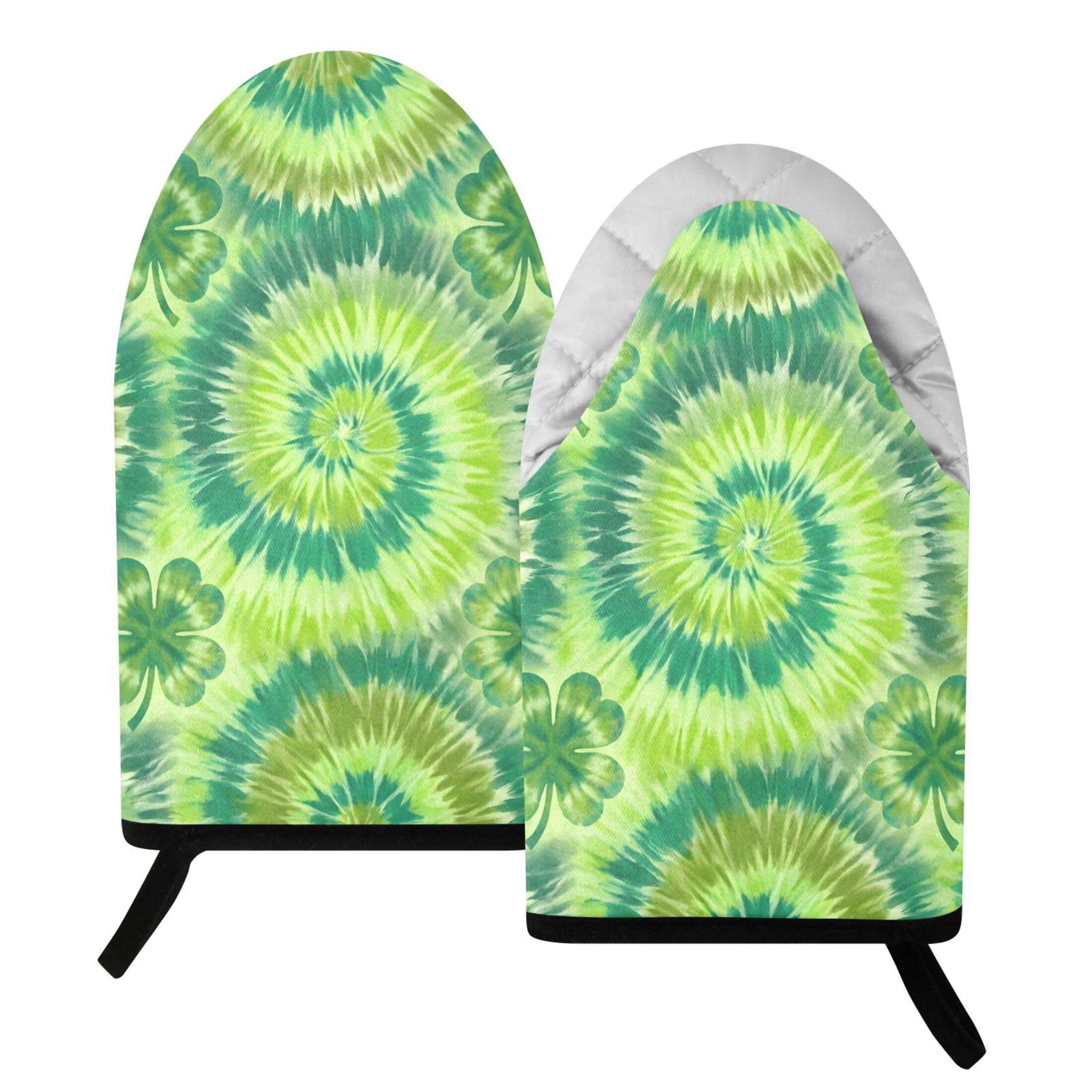 Kutsu Tie Dye Clovers Oven Mitts for Kitchen, Heat Resistant Cotton Oven Gloves for BBQ Baking Cooking, Breathable Kitchen Essentials, 2 pcs