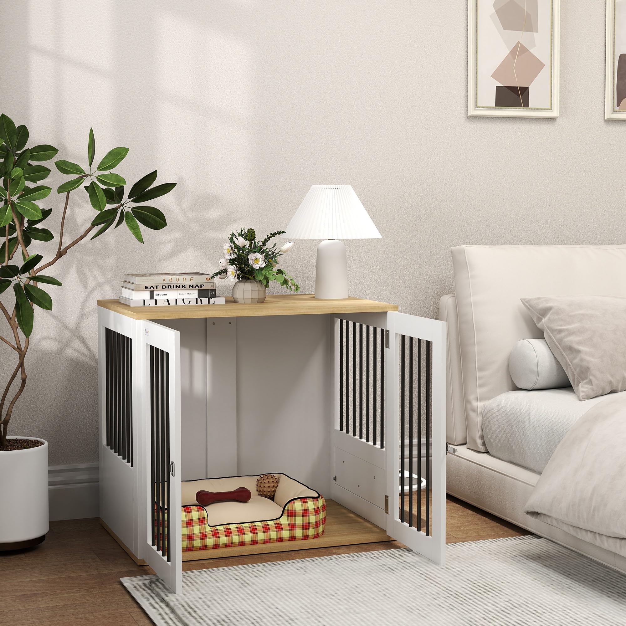 PawHut Jaula para Perros Medianos 2 en 1 Mesa Auxiliar con 2 Puertas con Pestillo Comedero Giratorio de 360° 2 Cuencos y Almohadillas Antideslizantes 80x55x71,5 cm Blanco
