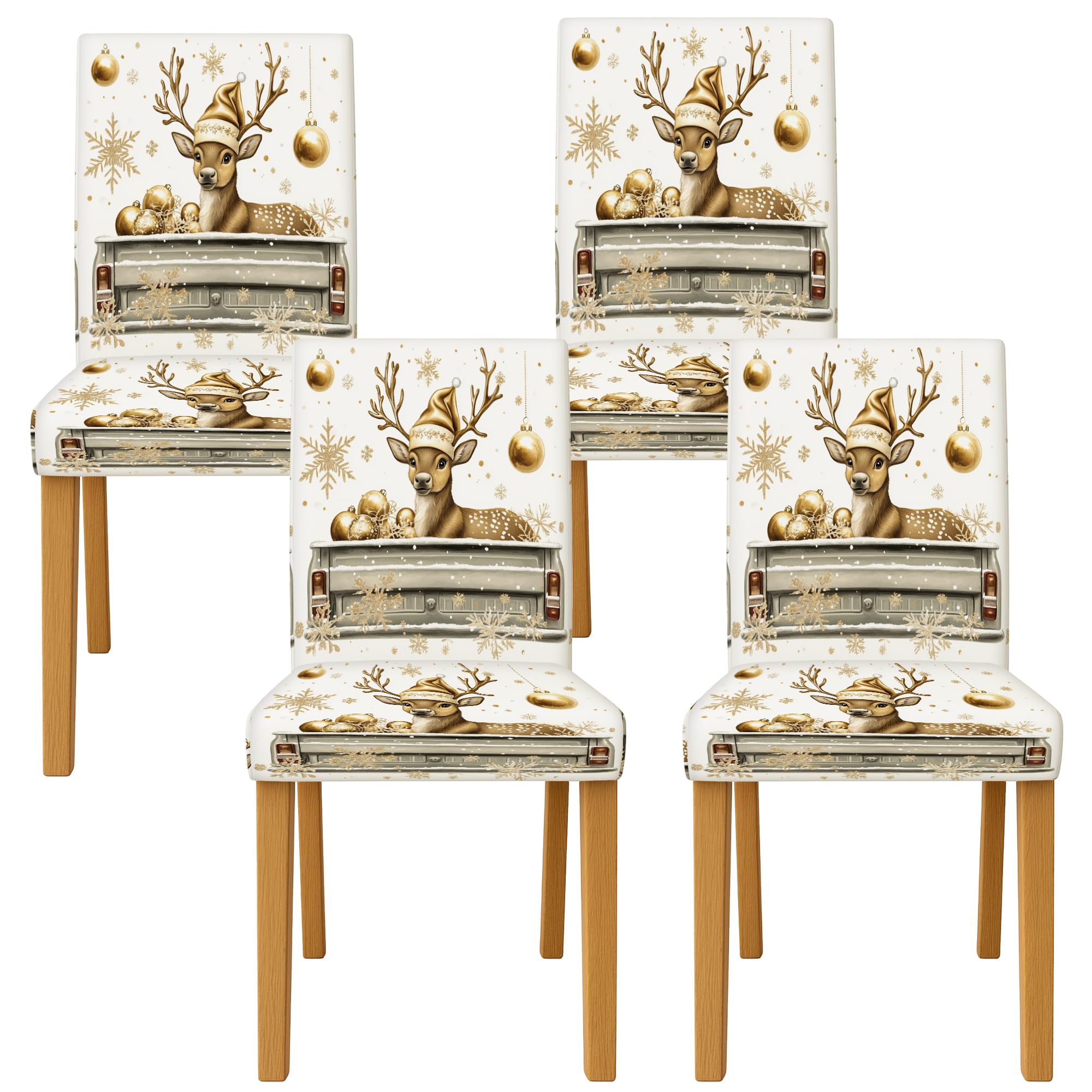 Reindeer Chair Covers for Dining Chairs, Christmas Festive Snowflakes Ornaments Christmas Gold Spandex Washable Removable Chair Slipcover Decor for Kitchen Office Conference 4PCS
