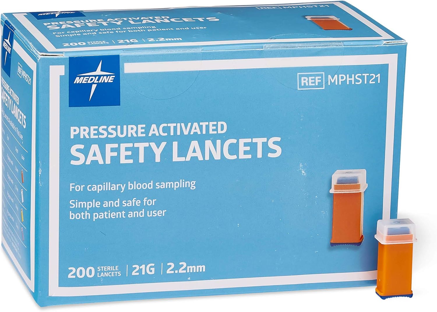 Medline Safety Lancets, Pressure Activation, 21G x 2.2 mm, 200 Count