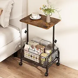 Mesa Lateral, Mesa Lateral para Sofá, Mesa de Canto Móvel, com Cesto e Altura Ajustável, Pode ser Usado Como Carrinho Móvel para Armazenar Itens