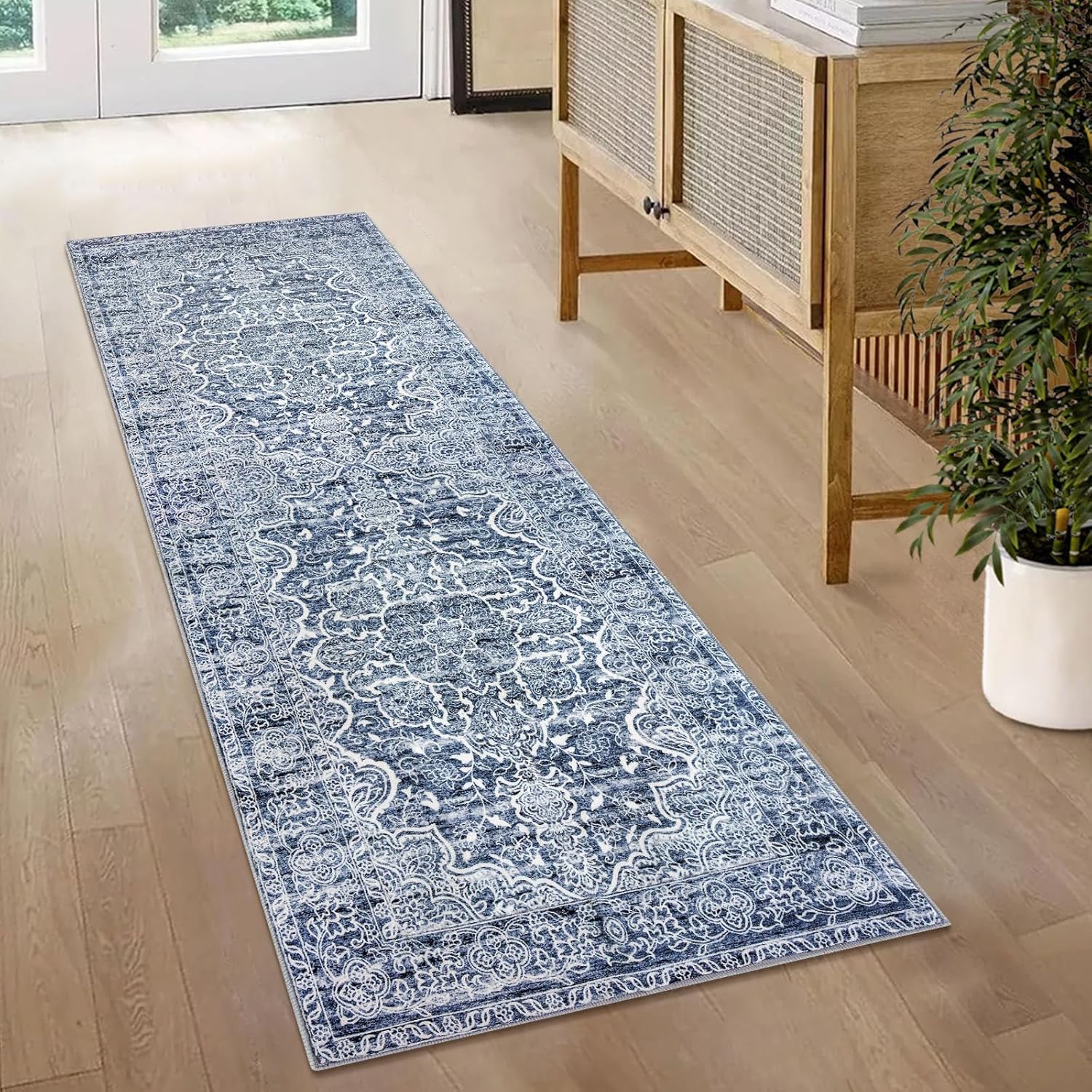 KUTA Vintage Washable Runner Rug, 2x5 Runners Non-Slip Blue White 5ft Hallway Kitchen Rugs Ultra Soft Printed Floral Distressed Tribal Farmhouse Carpet for Bedroom Entryway Decor