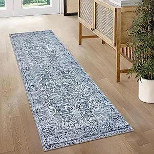 KUTA Vintage Washable Runner Rug, 2x5 Runners Non-Slip Blue White 5ft Hallway Kitchen Rugs Ultra Soft Printed Floral Distressed Tribal Farmhouse Carpet for Bedroom Entryway Decor