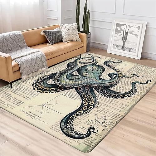 Alfombra vintage azul de pulpo, alfombra de pasillo largo para pasillo náutico, océano, animales, mar, submarino, submarino, cangrejo azul,