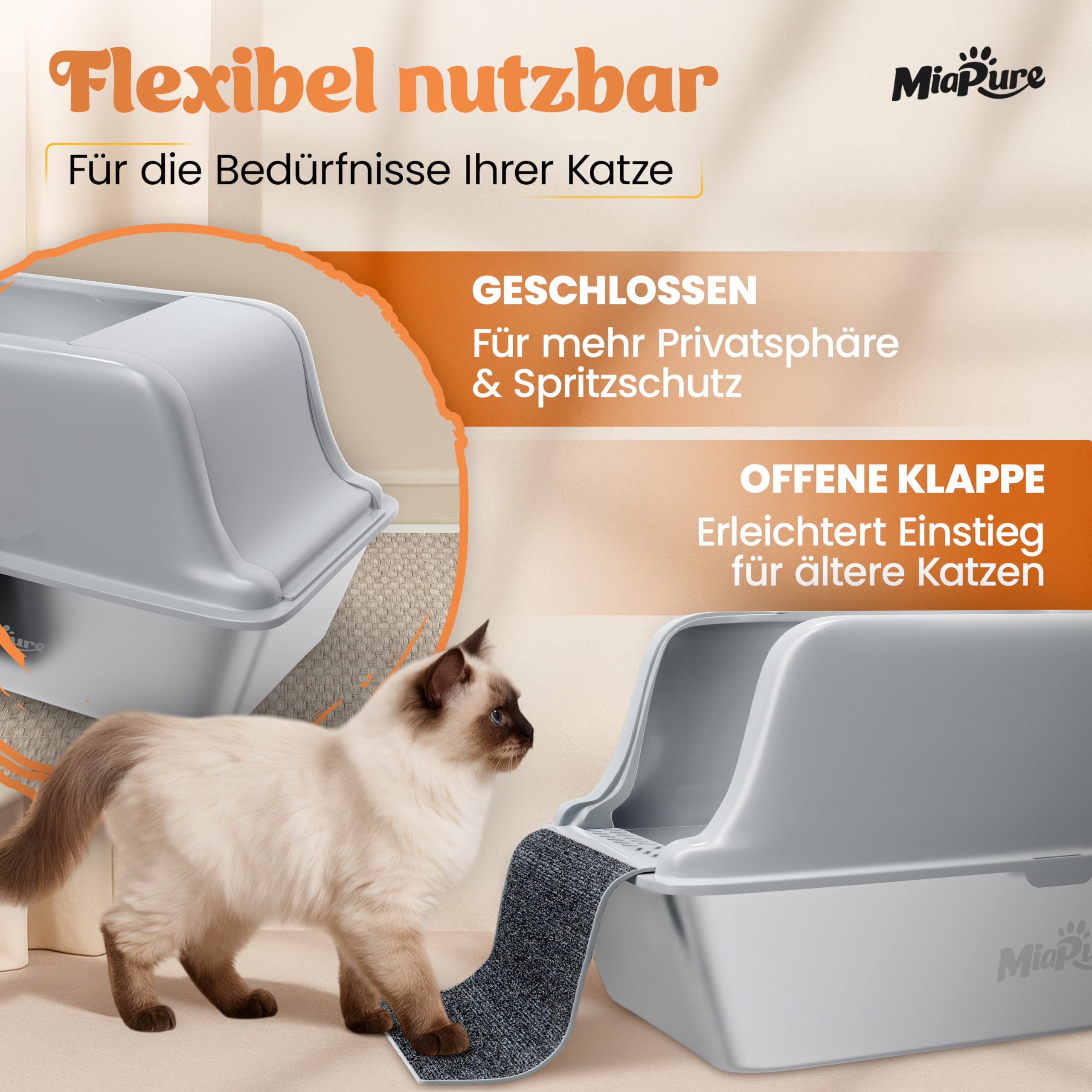 Edelstahl Katzenklo XXL 60x40x30cm mit hohem Rand inkl. Schaufel | Komplettsystem gegen Streu-Chaos dank integrierter Klappe mit Streumatte – auslaufsicher, geruchsfrei & leicht zu reinigen