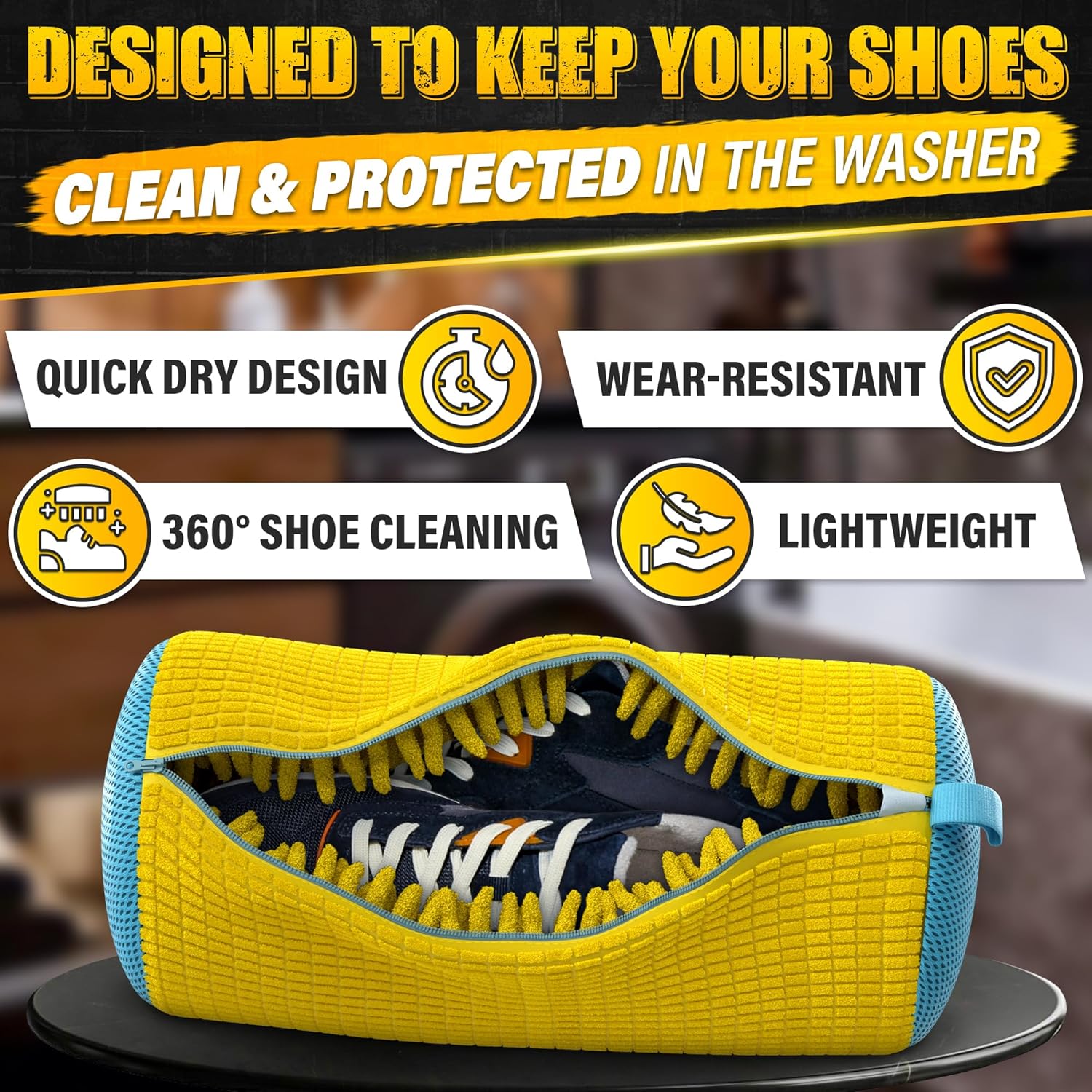 XXL Premium Shoe Bag for Washing Machine and Dryer Set of 2-360° Hands-Free Easy Cleaning - Reusable Shoe Laundry Bag with Zipper & Fluffy Fibers | Protects Sneakers from Scuffs & Damage | Yellow