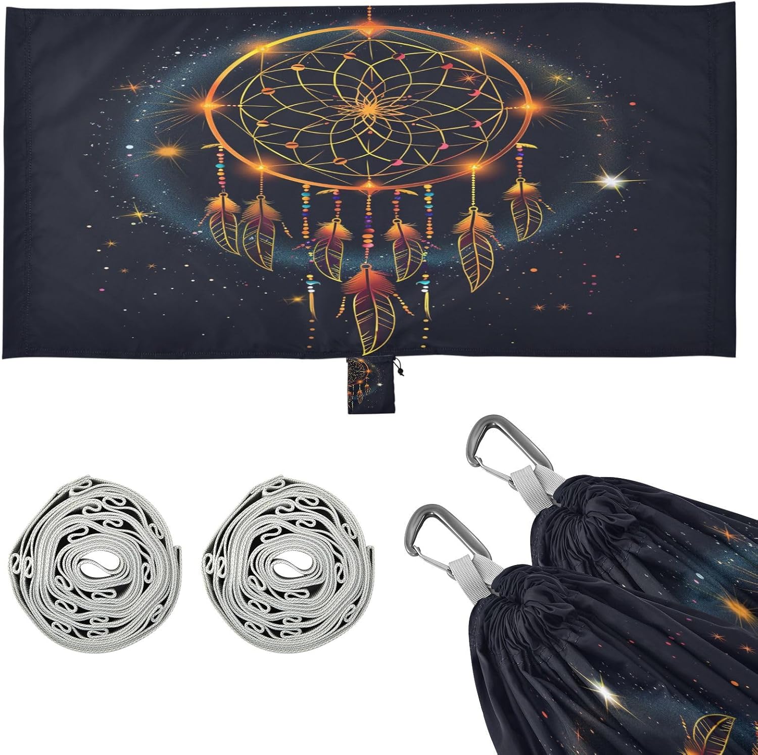 ALAZA Gold Dreamcatcher Camping Hammocks Single or 2 Person 500 lbs Portable Parachute Travel Hammock w/Tree Straps for Hiking Backpacking Indoor Outdoor