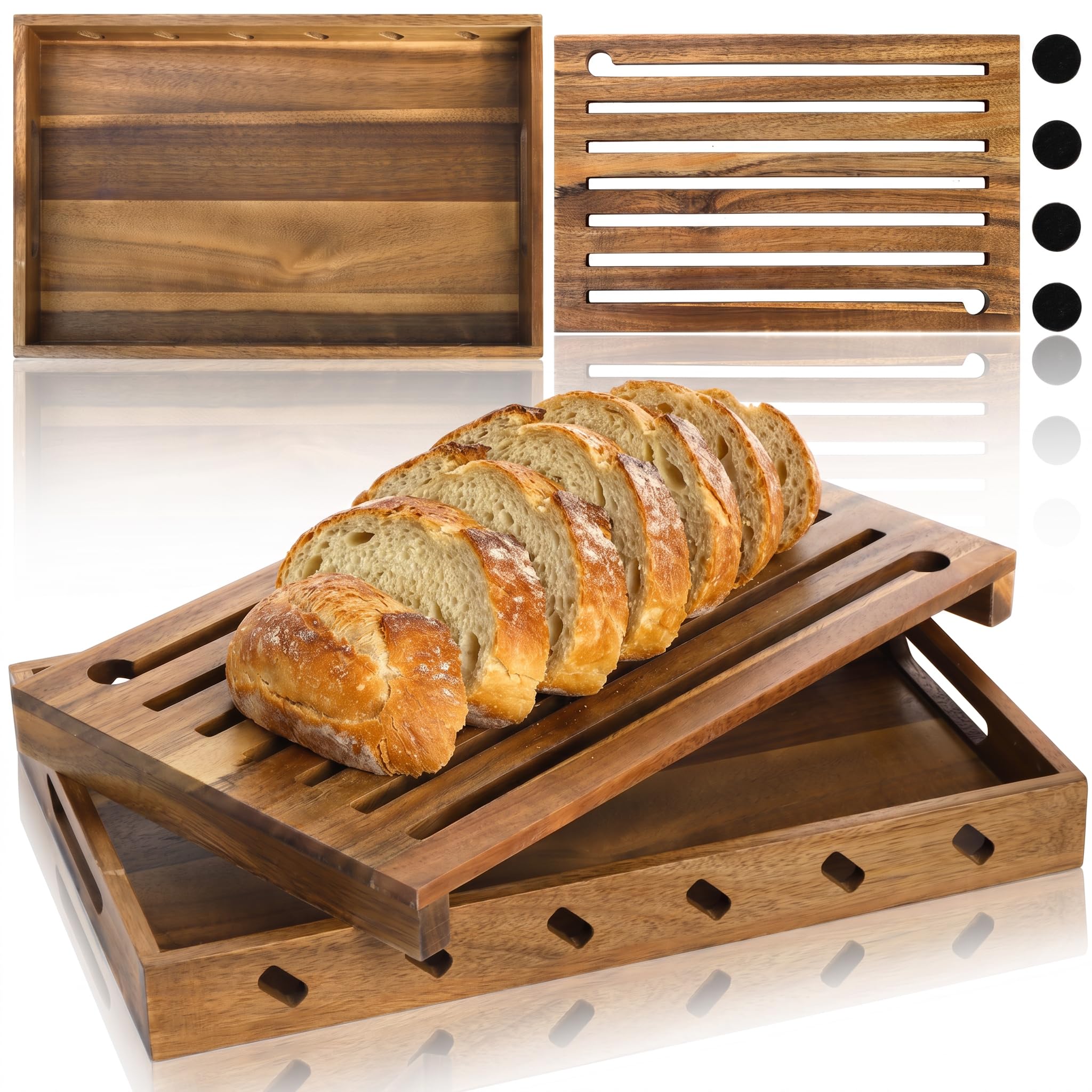 Goaste Wood Bread Cutting Board with Crumb Catcher, 15 Inch Bread Slicer Board with Crumb Holder Tray, Premium Natural Chopping Board for Bagels Sourdough Homemade Loaves, Double as Bread Serving Tray