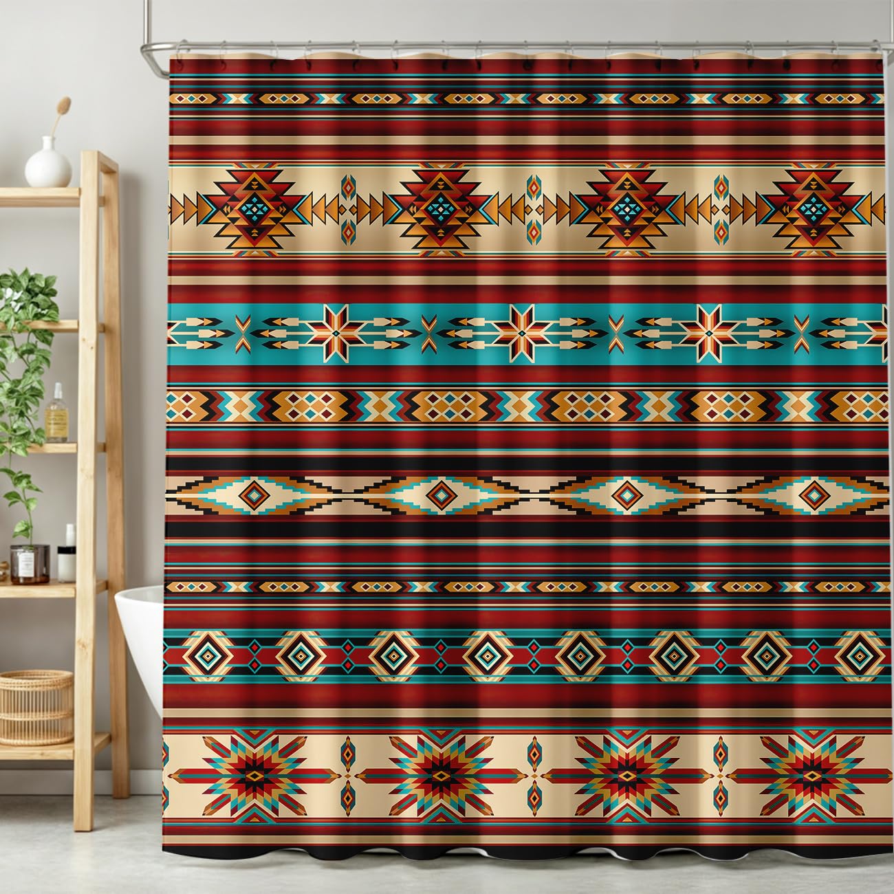 Aztec Shower Curtain, Southwestern Ethnic Geometric Tribal Navajo Boho Native American Pattern Shower Curtains Set for Bathroom Fabric Decorative Bath Curtain Washable Curtain Hooks, 72x72”
