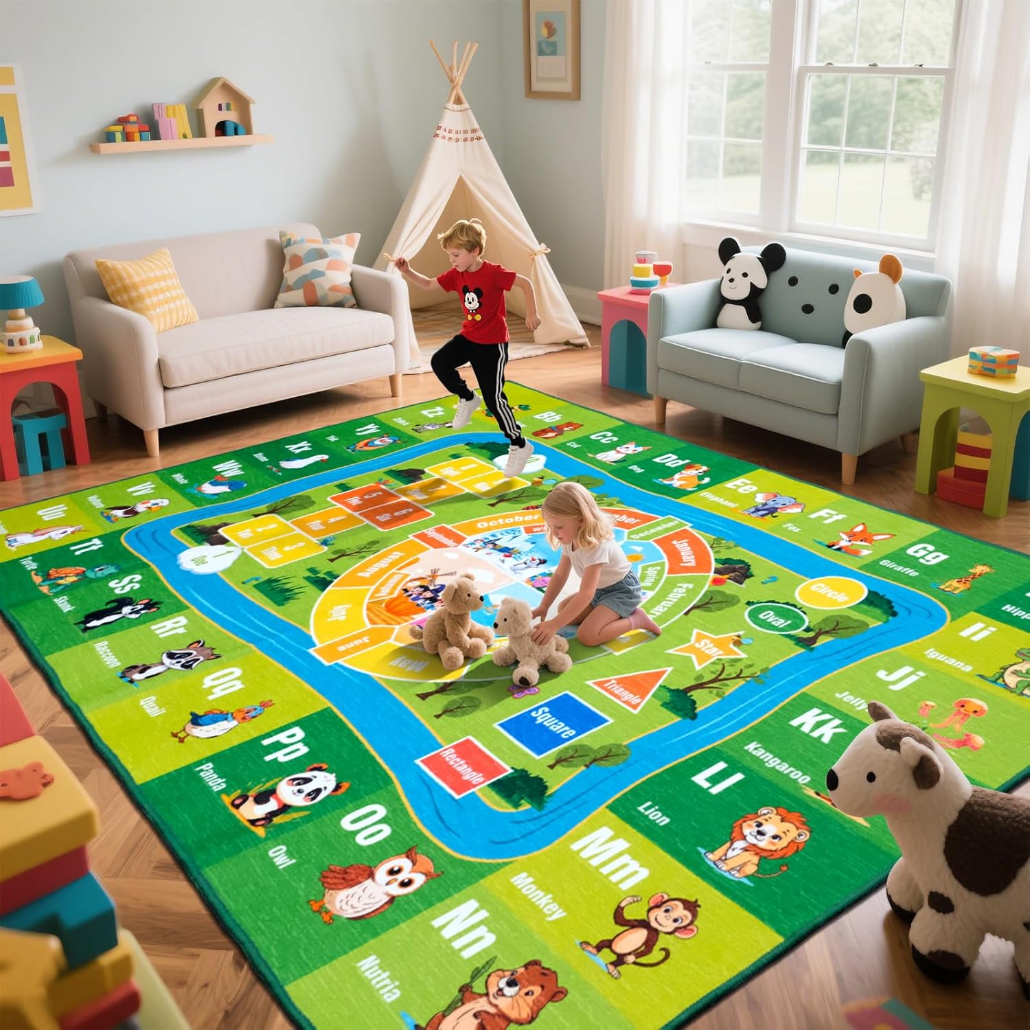8'x 10' ABC Rug, Kids Rugs for Playroom Classroom Bedroom, Educational Learning Play Mat with Alphabet Animals Numbers & Shapes (8x10 Feet)