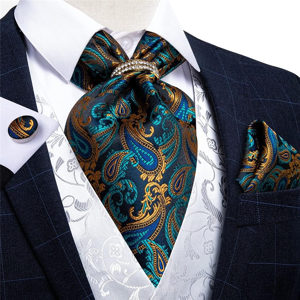 Men's Vintage Teal Green Gold Classic Wedding Formal Cravat Self Ties Gentleman Silk Neck Tie Scarf (Color : Gold Ring, Size : One Size)