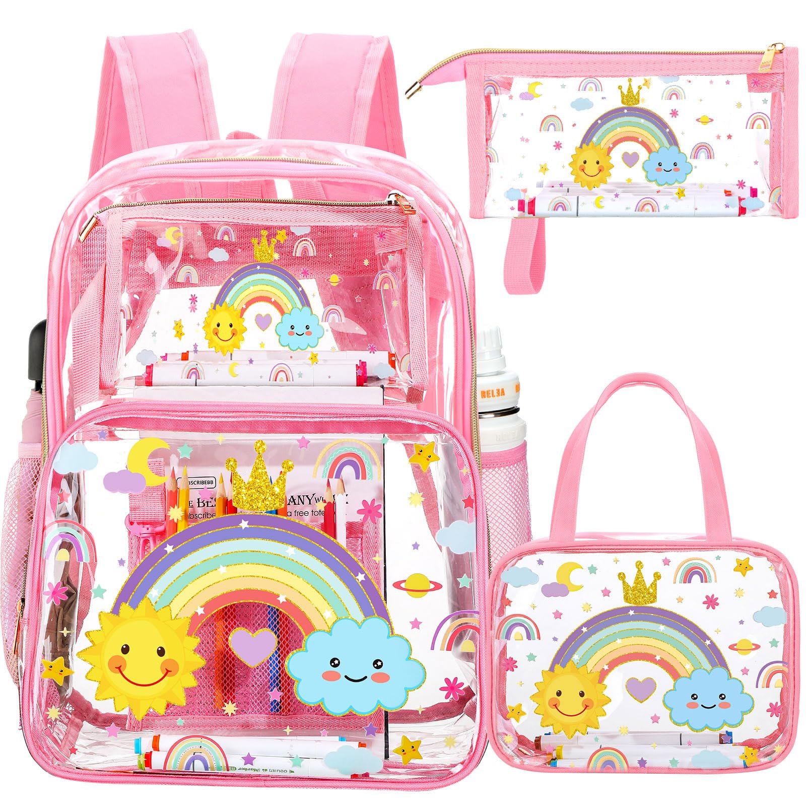 Kacctyen 3 Pcs Clear Backpack Heavy Duty Clear Bookbag Transparent Backpack with Lunch Bag(Light Pink,Rainbow)