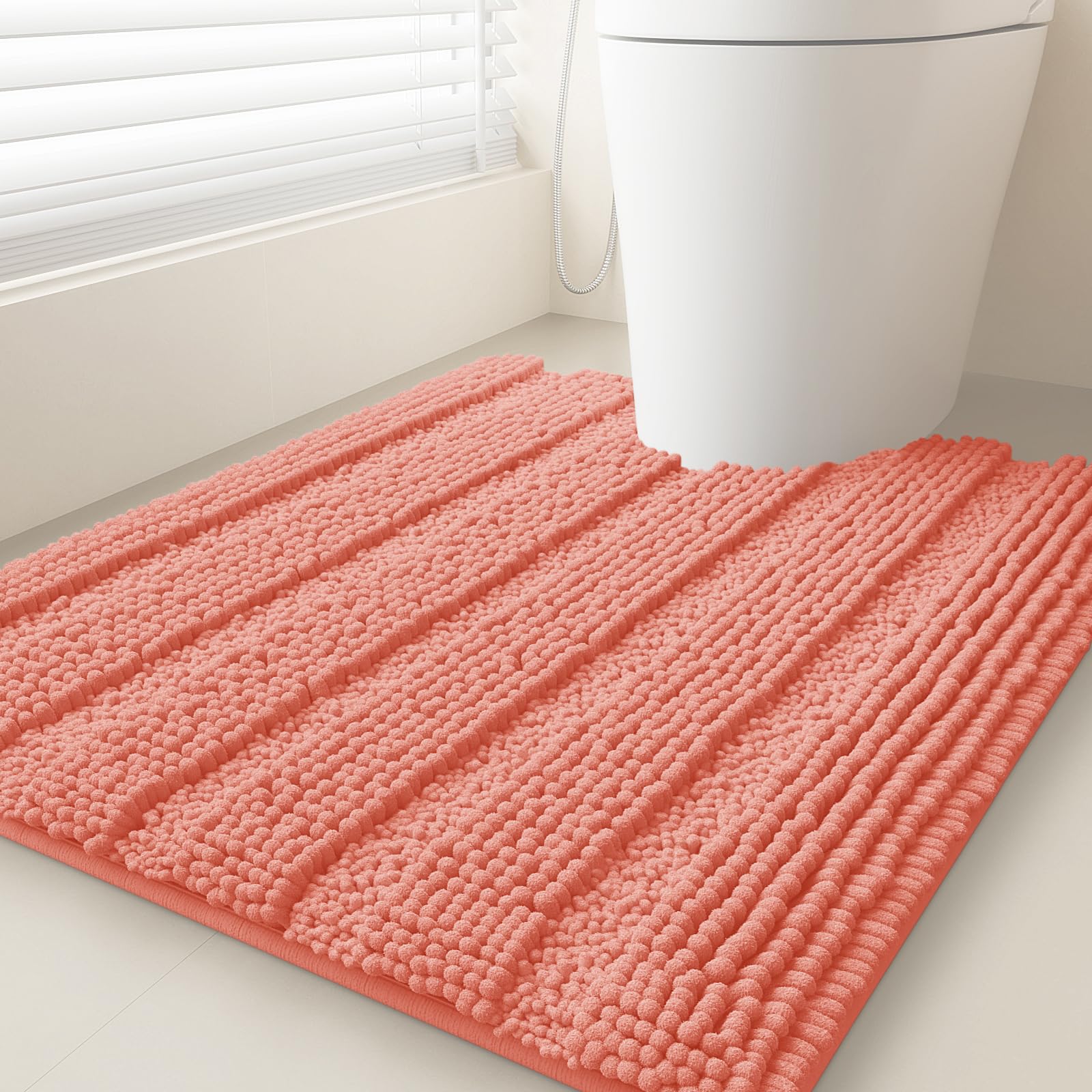 ACCUMTEK Striped Coral Toilet Bathroom Rug Mat 24" x 20" Contour Rug Ultra Soft, Non Slip Chenille Bath Rugs, Absorbent Plush Shaggy Bath Mats for