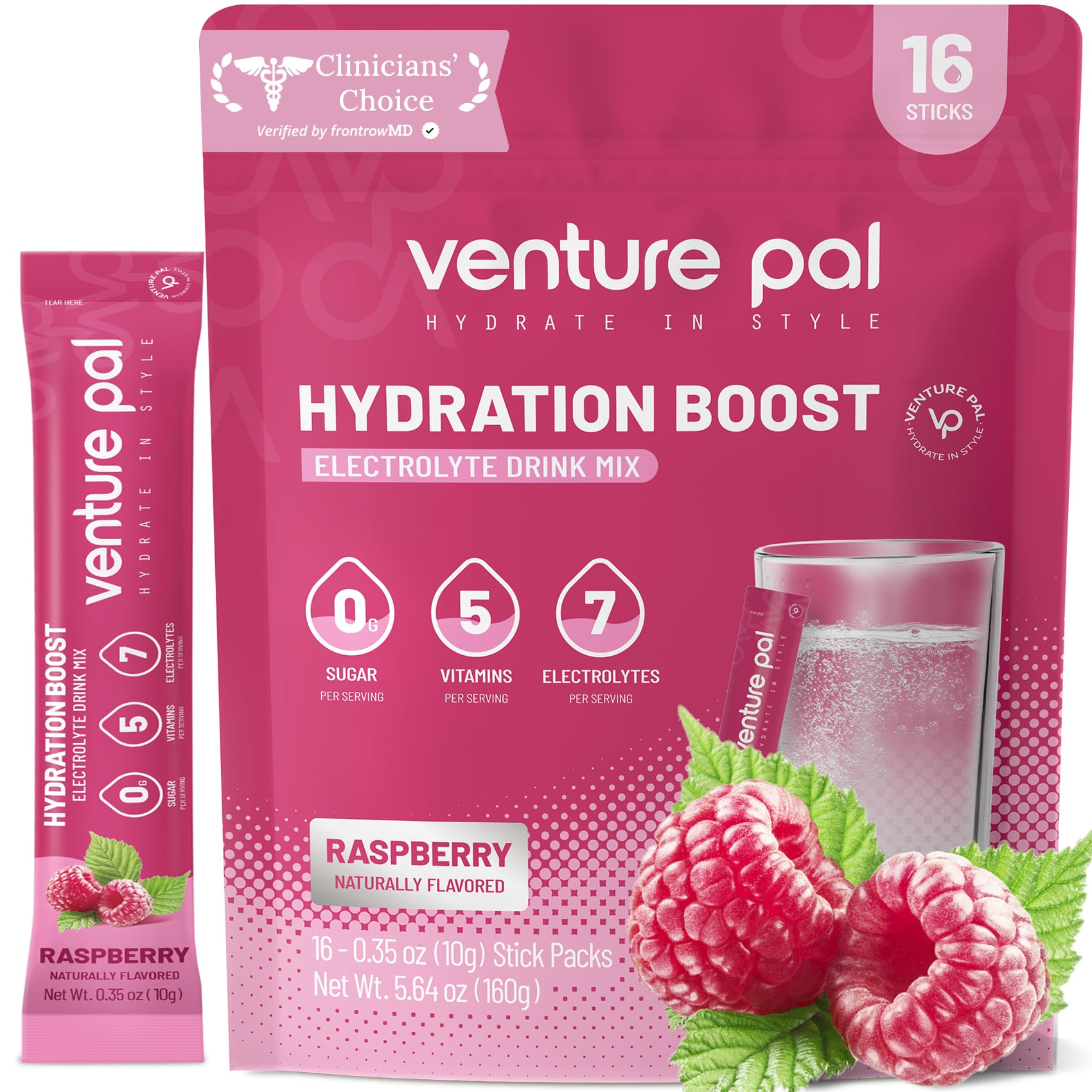 Venture Pal Sugar Free Electrolytes Powder Packets - Liquid Daily IV Hydration Packets | Instantly Hydrating & Party Recovery | 5 Vitamins & 7 Electrolytes | Certified Vegan, Keto, Non-GMO | 16 Sticks