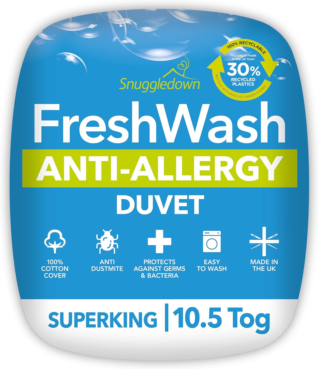 Snuggledown Freshwash Anti Allergy Super King Duvet – 10.5 Tog All Year Round Quilt for Summer & Winter – Anti Bacterial, Soft Cotton Cover, Hypoallergenic, Machine Washable, Size (260cm x 220cm)