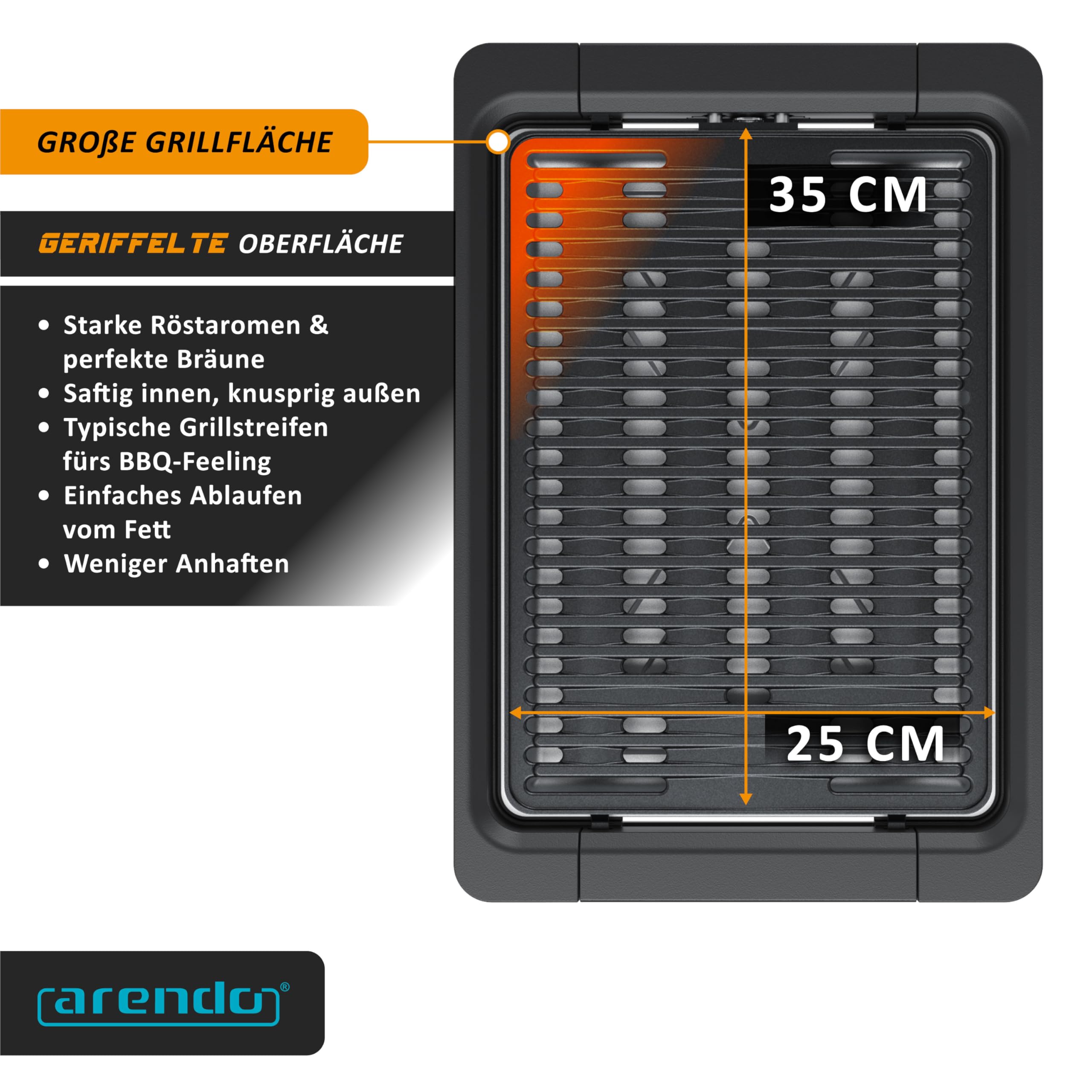 Arendo - Tischgrill Elektrogrill Edelstahl - bis 250 Grad - Steaks, Würstchen, Fisch, Meeresfrüchte, Gemüse, Pilze u.v.m. - für Balkon, Garten, Indoor - starke 1800 Watt - Antihaftbeschichtung