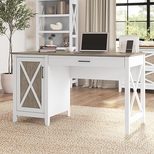 Miniatura 2 de Bush Furniture Key West - Escritorio para computadora con almacenamiento, mesa de PC de granja para oficina en casa en blanco puro y gris Shiplap