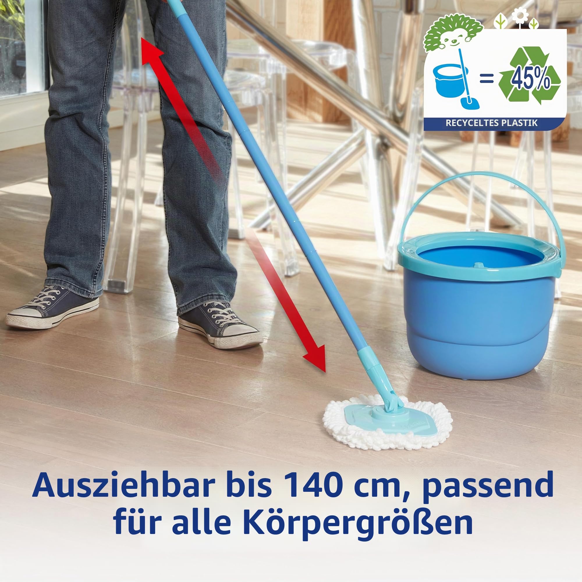 Spontex Full Action Corner Rotations-Mopp-System und Eimer für schmale Ecken, 360° einfaches Auswringen/Spülen für Laminat, Holz und Fliesen, 1 Mikrofaser-Aufsatz