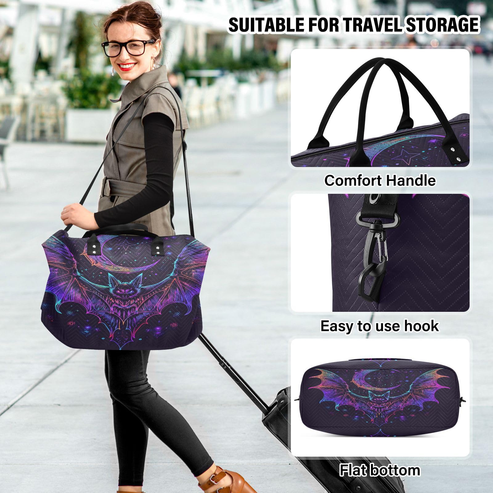 Bat Neon Crescent Weekender Gym Duffle Bag for Women with Toiletry Travel Tote Swim Bag