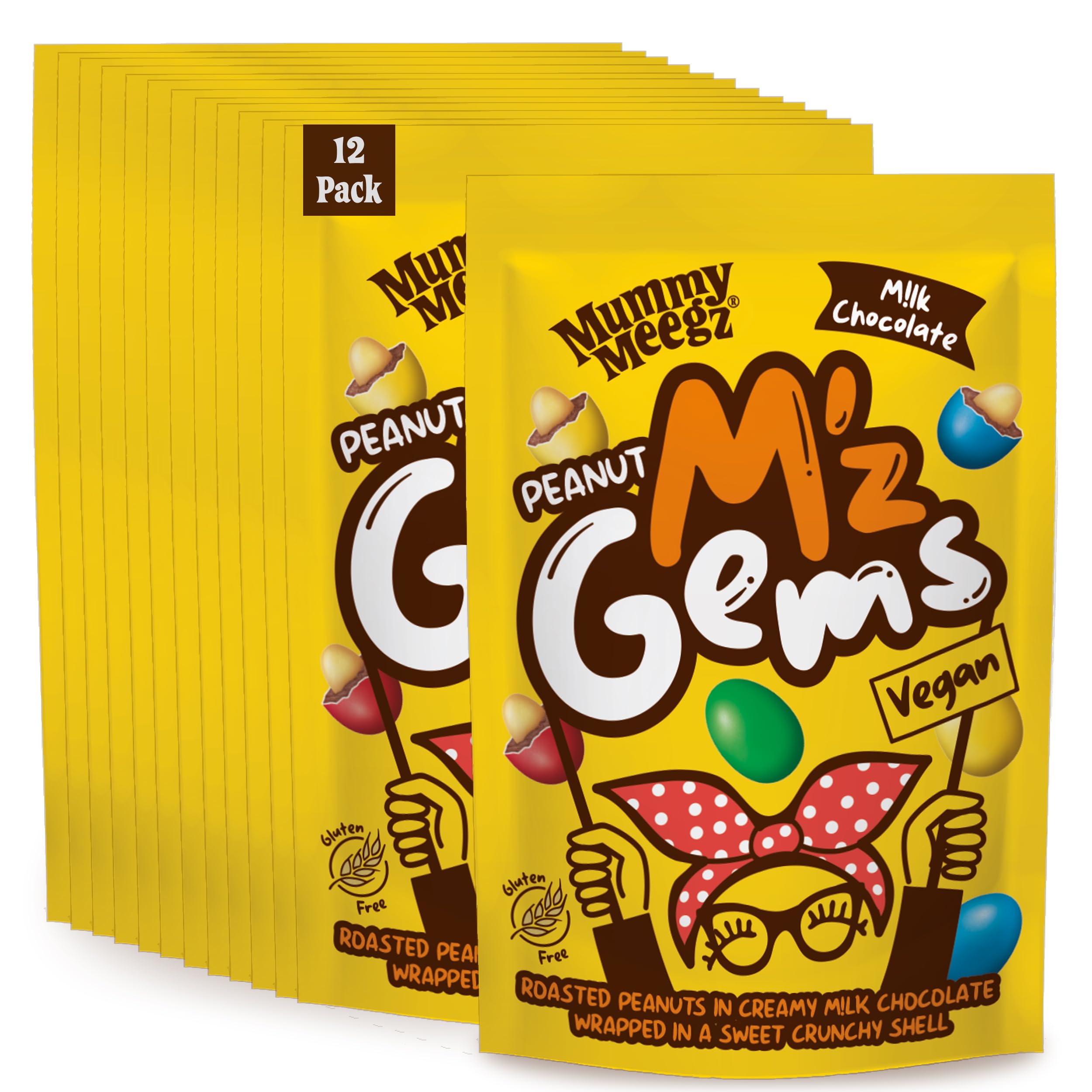 Mummy Meegz M’z Gems Peanut Flavour Case Pack of 12 Sharing Bags (80g Each) - Vegan Chocolate Sweets with Crunchy Peanut Centre & Crisp Shell, No Palm Oil