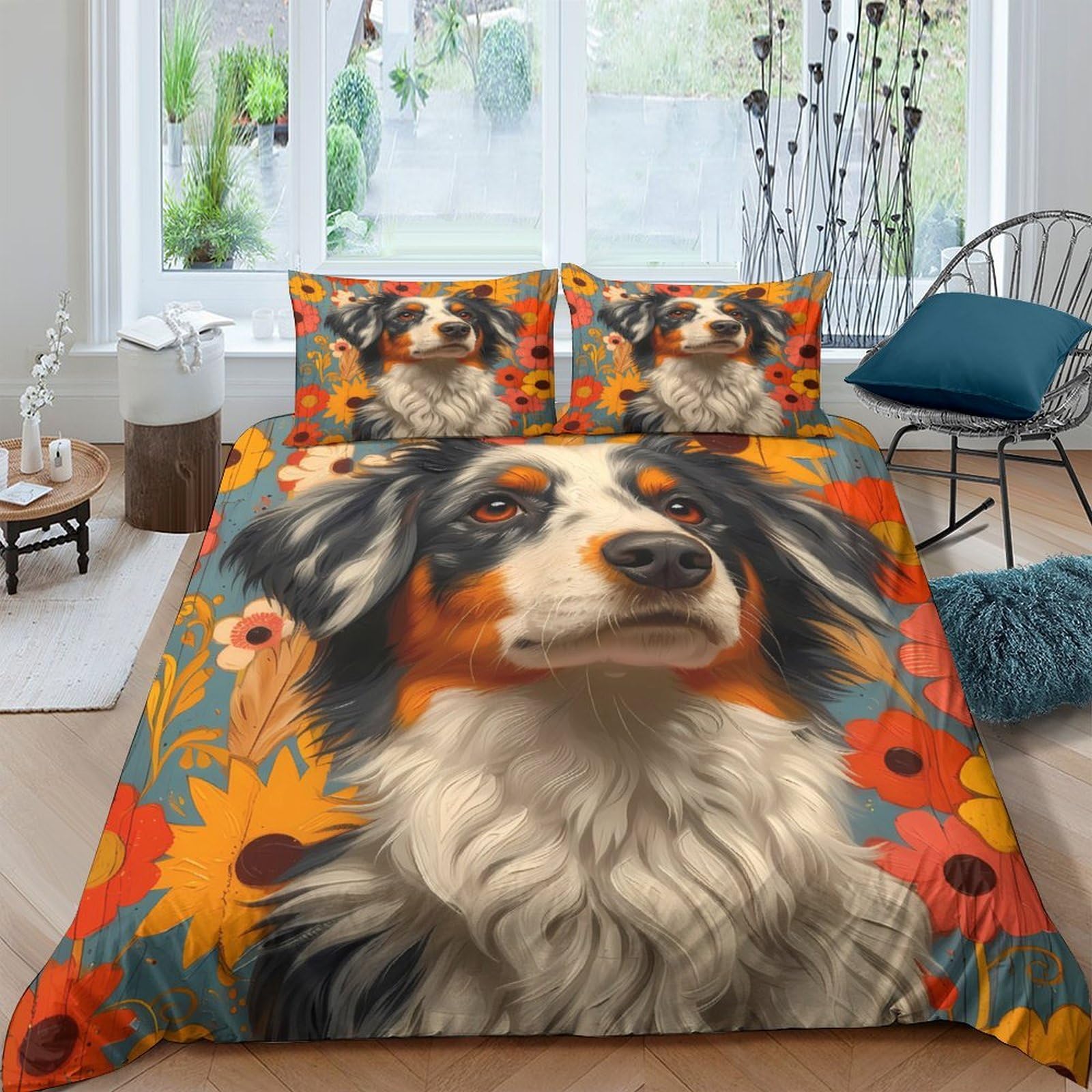 Ctjqhvkz Style-9 3D Printed Australian Shepherd Fitted Sheet Microfiber Soft Floral Dog Bed Cover For Bedroom Guest Room Decor Single（135X200cm）