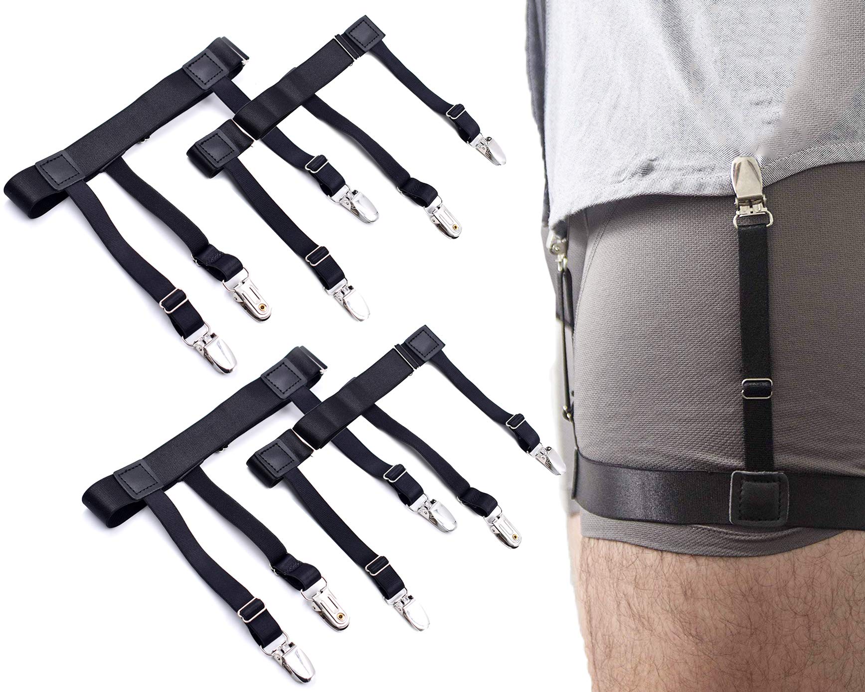 STAY GENT Y-Style Shirt Stays For Men with Non-Slip Locking Clamps and Adjustable Elastic Straps, Black, One Size