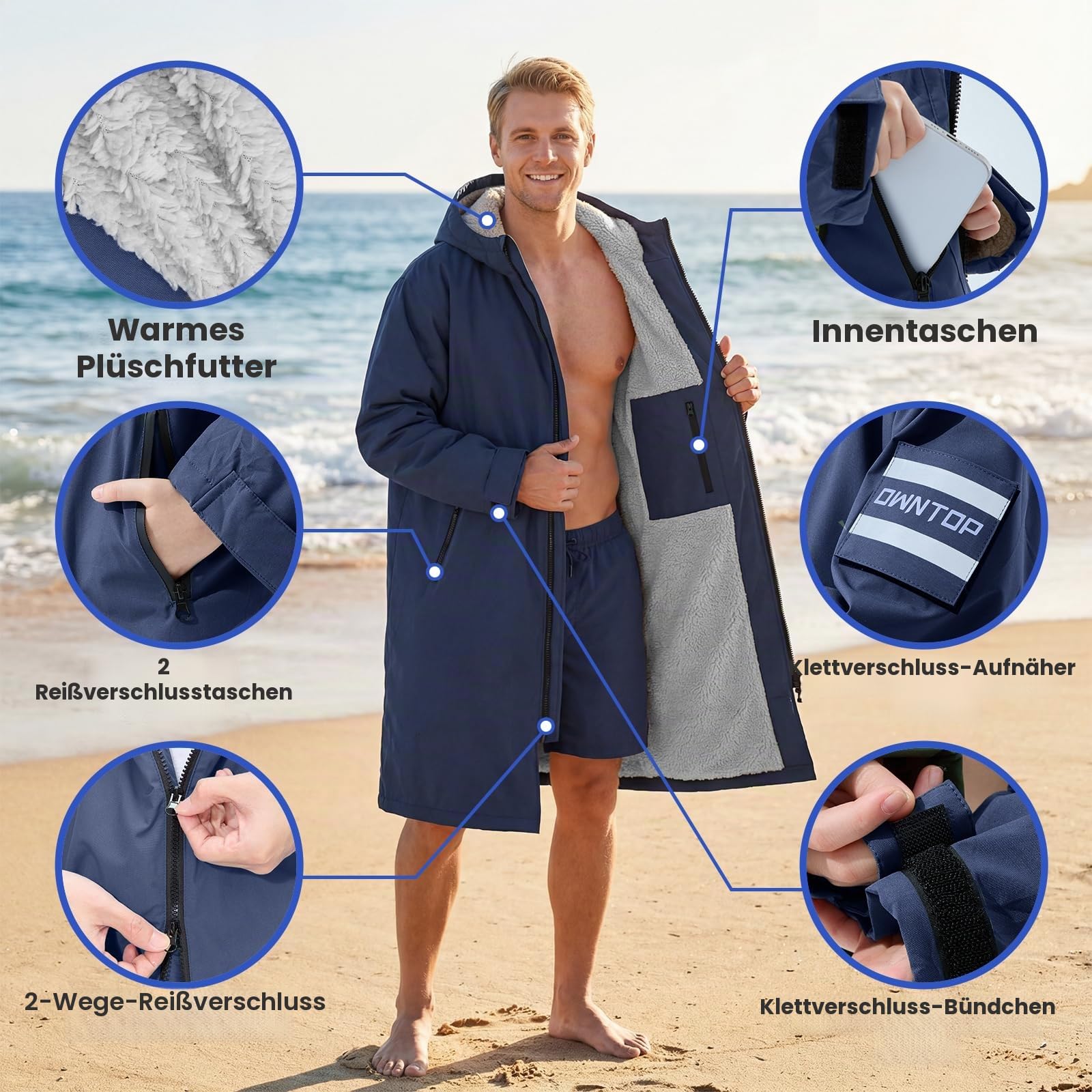 Owntop Wasserdichter Wickelmantel für Erwachsene Kinder - Winddichte Kapuzenmantel mit Sherpa-Fleece-Futter | Individueller Klettpatch | Übergroßer Wärmemantel für Schwimmen Surfen Strand