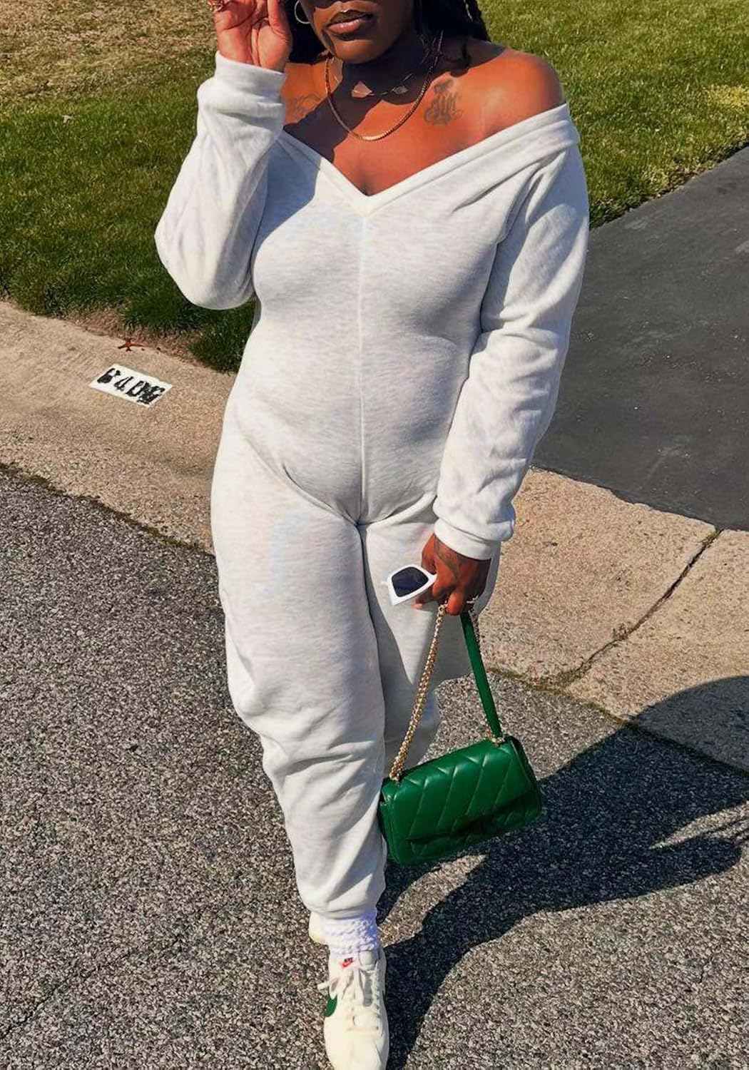 Famnbro Womens Fall Jumpsuits V Neck Off Shoulder Long Sleeve Solid Wide Legs Sexy Casual One Piece Jumpsuit - Image 2