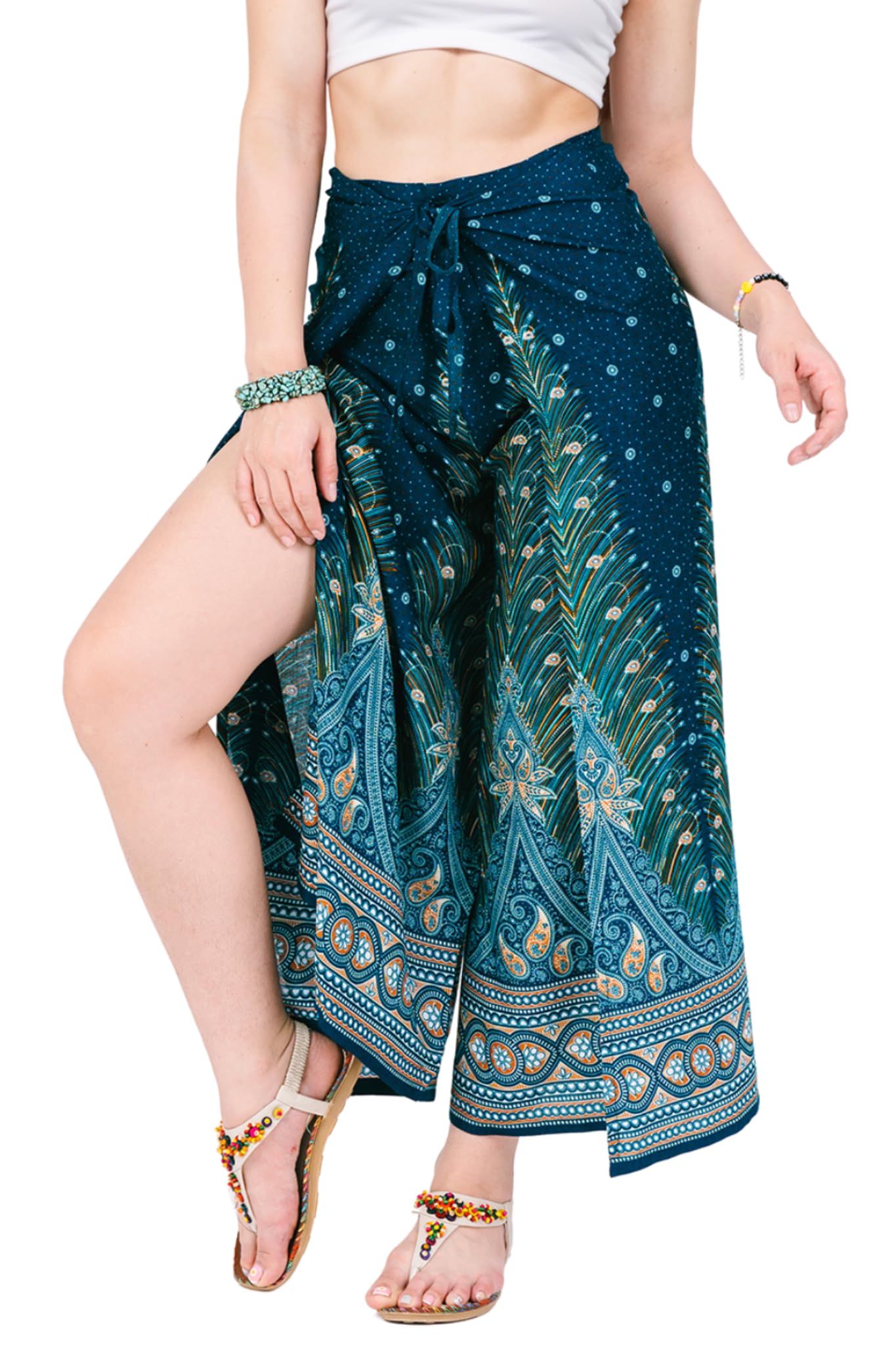 Your Cozy Women's Green Peacock ’S Boho Palazzo Pants – Wide Leg Harem Pants For Yoga, Lounge, Festival, Travel – Lightweight Adjustable Waist Hippie Trousers (Green Peacock)
