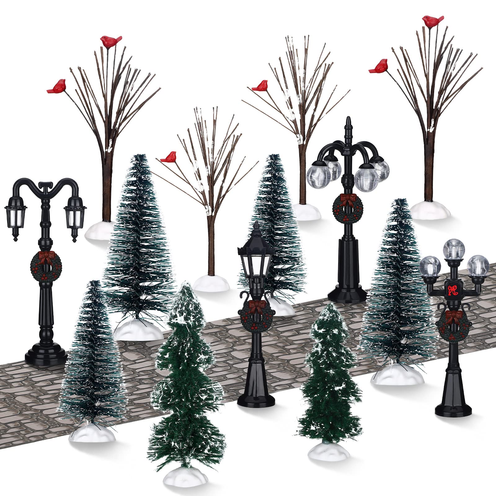Sapins de Noël artificiels miniatures et figurines d'oiseaux cardinaux