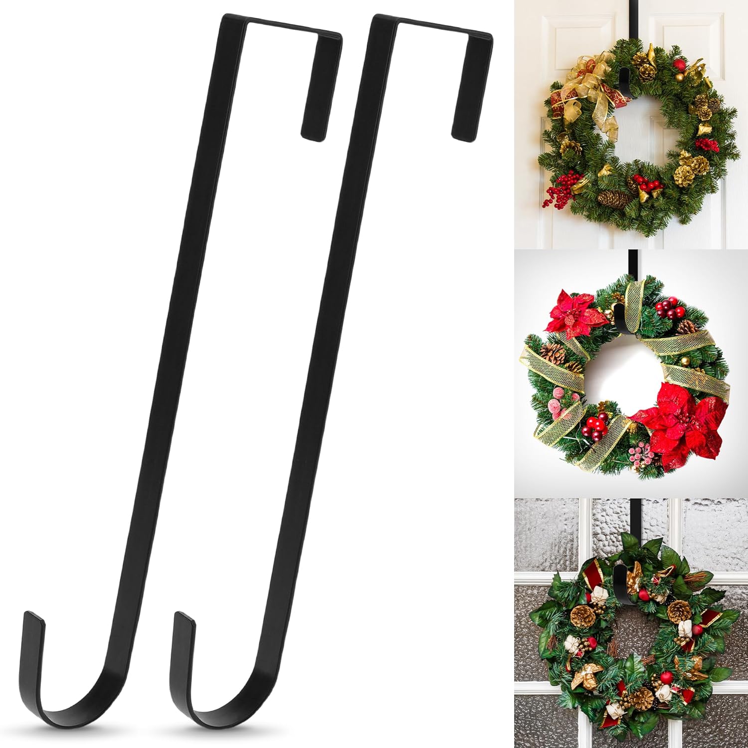 2 Pack Wreath Hanger for Front Door 12in Metal Over Wreaths Hook Christmas Halloween Home Decor for Hanging Clothes Towel Bag Door Sign(Black)