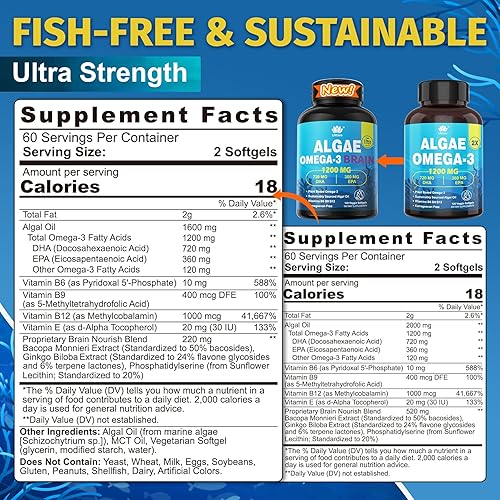 Miniatura 2 de Cápsulas blandas de aceite de pescado Omega 3 con DHA 720 mg EPA 360 mg, relación de algas veganas 21 para ojo cerebral, suplemento Omega 3 de
