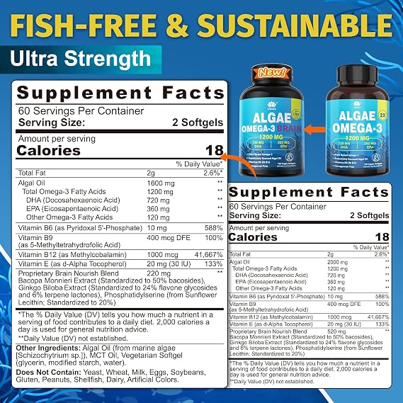 Algae Oil Omega 3 Supplement, Plant-Based EPA & DHA Fish Oil Alternative with Methylated B12, B6, B9, Vitamin E - Vegan Softgels for Brain, Energy, Immune Support for Women & Men, Non-GMO, 120 Count