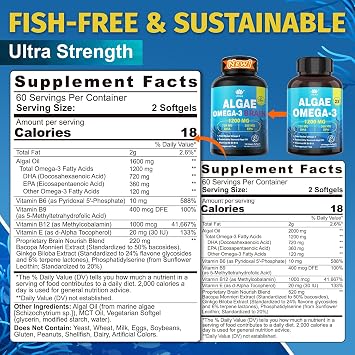 Algae Oil Omega 3 Supplement, Plant-Based EPA & DHA Fish Oil Alternative with Methylated B12, B6, B9, Vitamin E - Vegan Softgels for Brain, Energy, Immune Support for Women & Men, Non-GMO, 120 Count