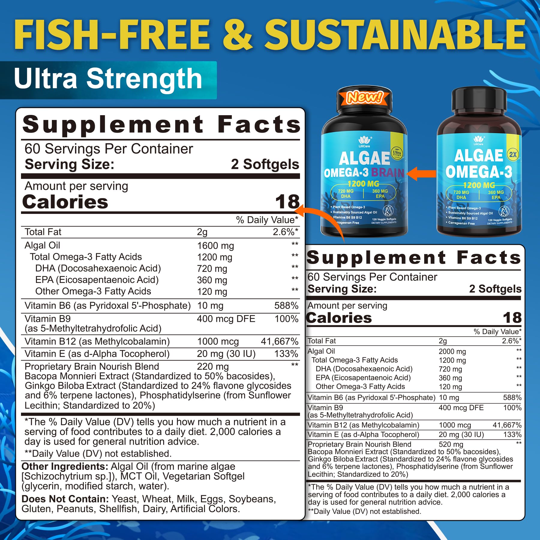 Vegan Omega 3 Algae Oil Supplement, Plant-Based EPA & DHA Fish Oil Alternative with Methylated B12, B6, B9, Vitamin E - Vegan Softgels for Brain, Energy, Immune Support for Women & Men,120 Count — Amazon image 2