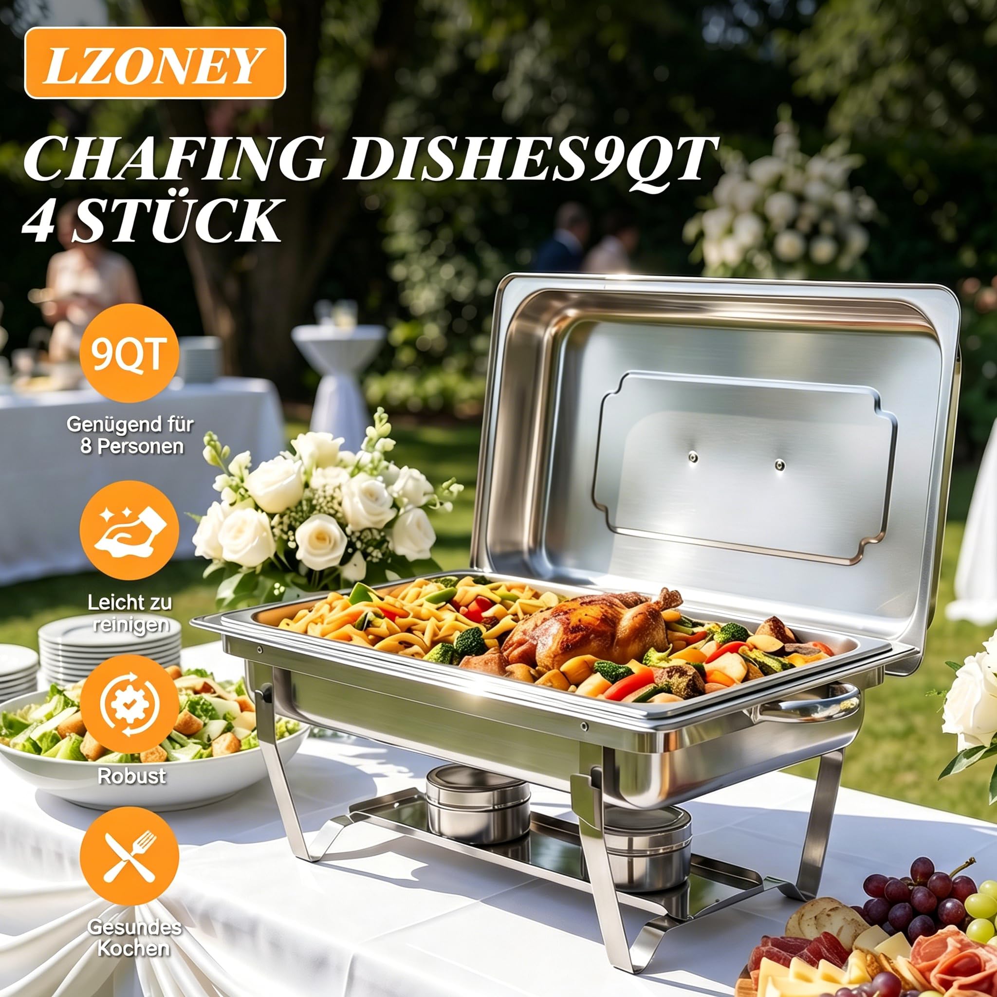 Chafing Dishes für Buffet 9 QT 4er Pack 7 Behälter, [Behälter in verschiedenen Größen] Catering-Chafing-Dish mit Deckeln, Behältern und Brennstoffhaltern – Buffet-Wärmer [Robust und langlebig] für Par