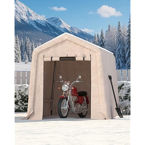6x8FT Outdoor Portable Storage Shed with Roll-Up Door & Vent, 240G Heavy-Duty Shelter Waterproof PE Tarp, UV-Resistant Storage Sheds for Motorcycle, Firewood, Garden and Tools, Khaki