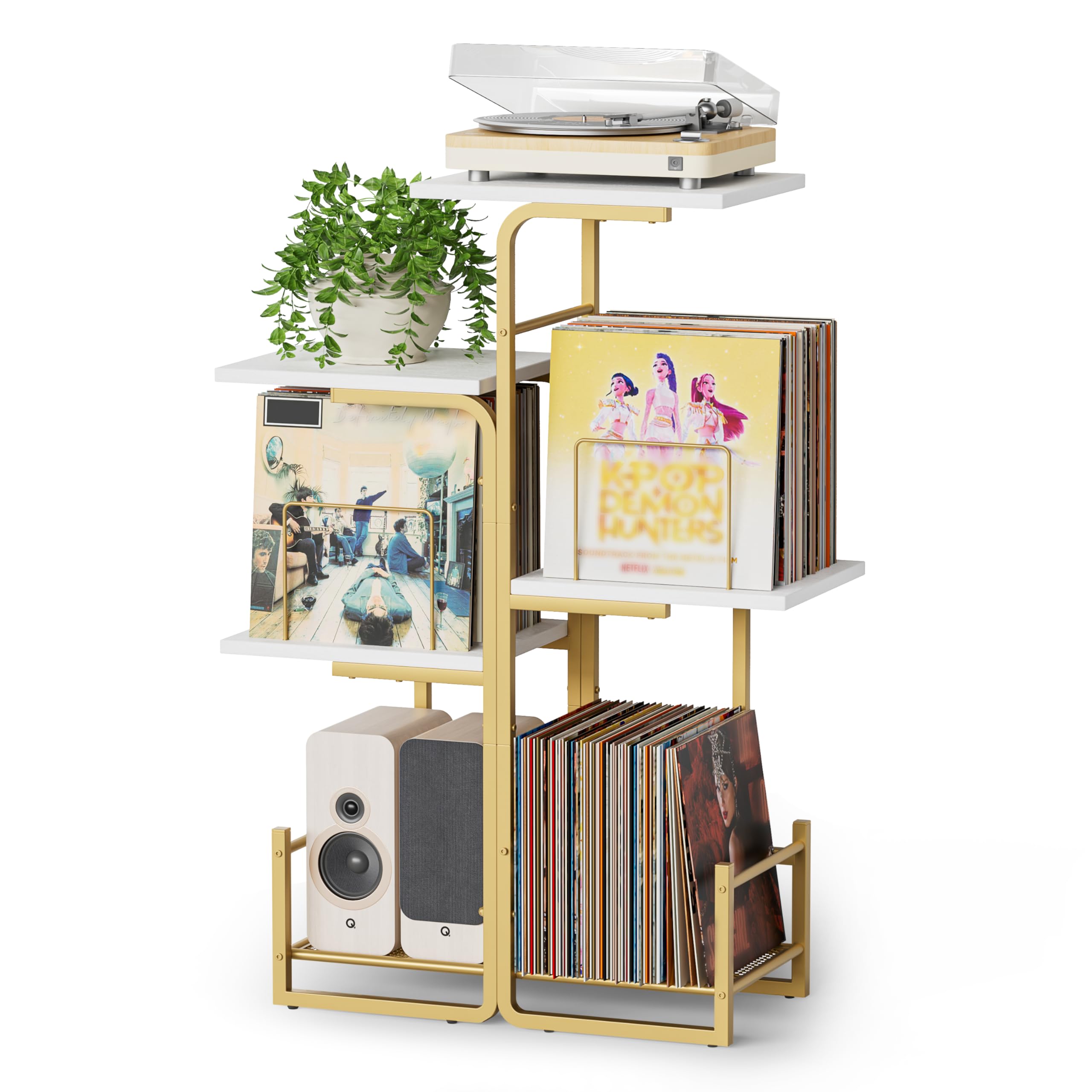 Bikoney Tavolo Porta Giradischi Vintage con Spazio per Vinili - Oro | Elegante Supporto per LP con Mensole Porta Dischi, Mobile Retro Decorativo per Giradischi, Soggiorno e Camera