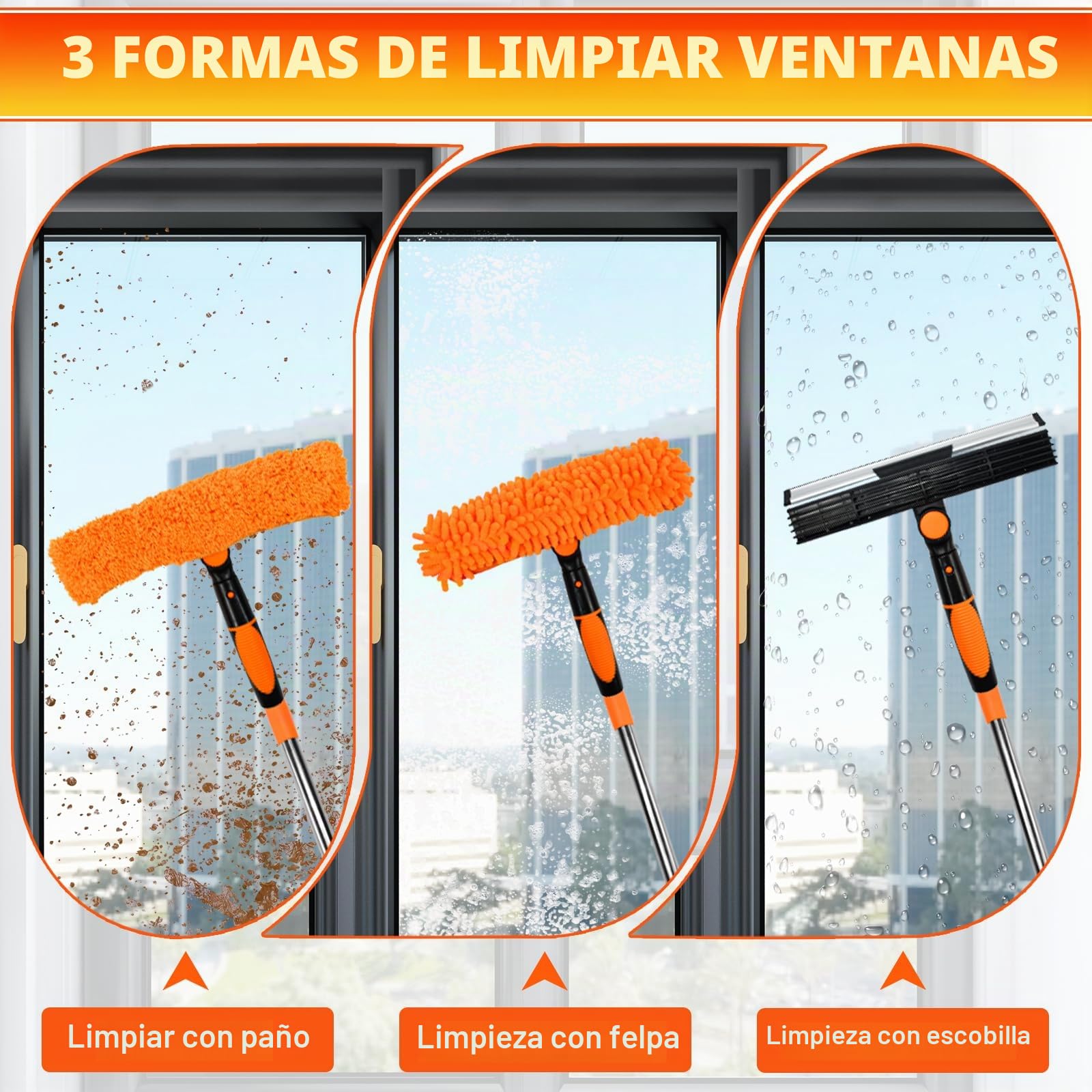 Limpiacristales con Mango Extensible de 24-450cm, Limpiador de Ventanas Telescópico con Escobilla de Silicona y Paños de Microfibra, Limpia Cristales con Mango Largo para Ventanas