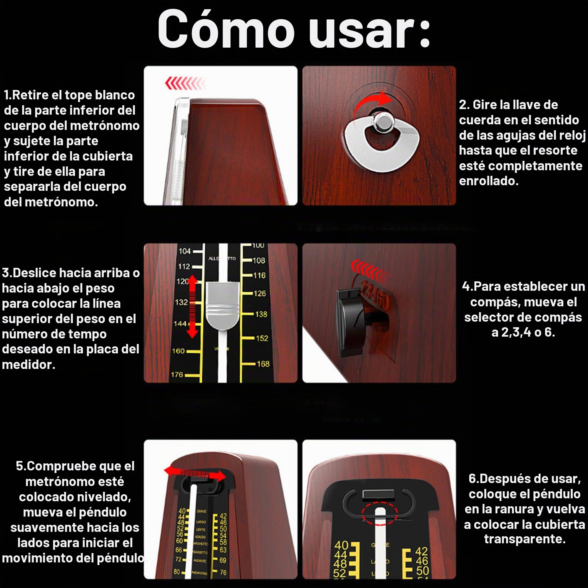 YUEMING Metrónomo mecánico universal, metrónomo con campana acentuada con campana de acento, metrónomo bajo con alto, reloj preciso para piano, guitarra, batería, saxofón, etc