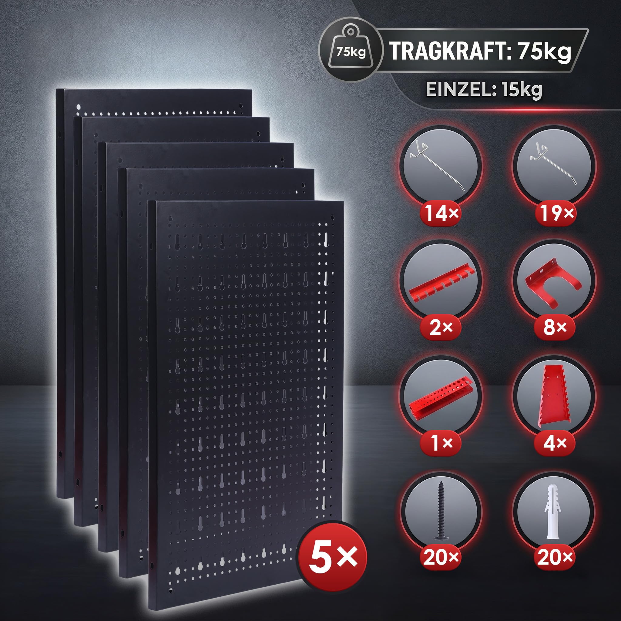 KARAT Werkzeug Lochwand aus Metall 200x60 cm Werkzeugwand Lochplatte - 5 Platten Set, für Werkbank, Garage, Werkstatteinrichtung