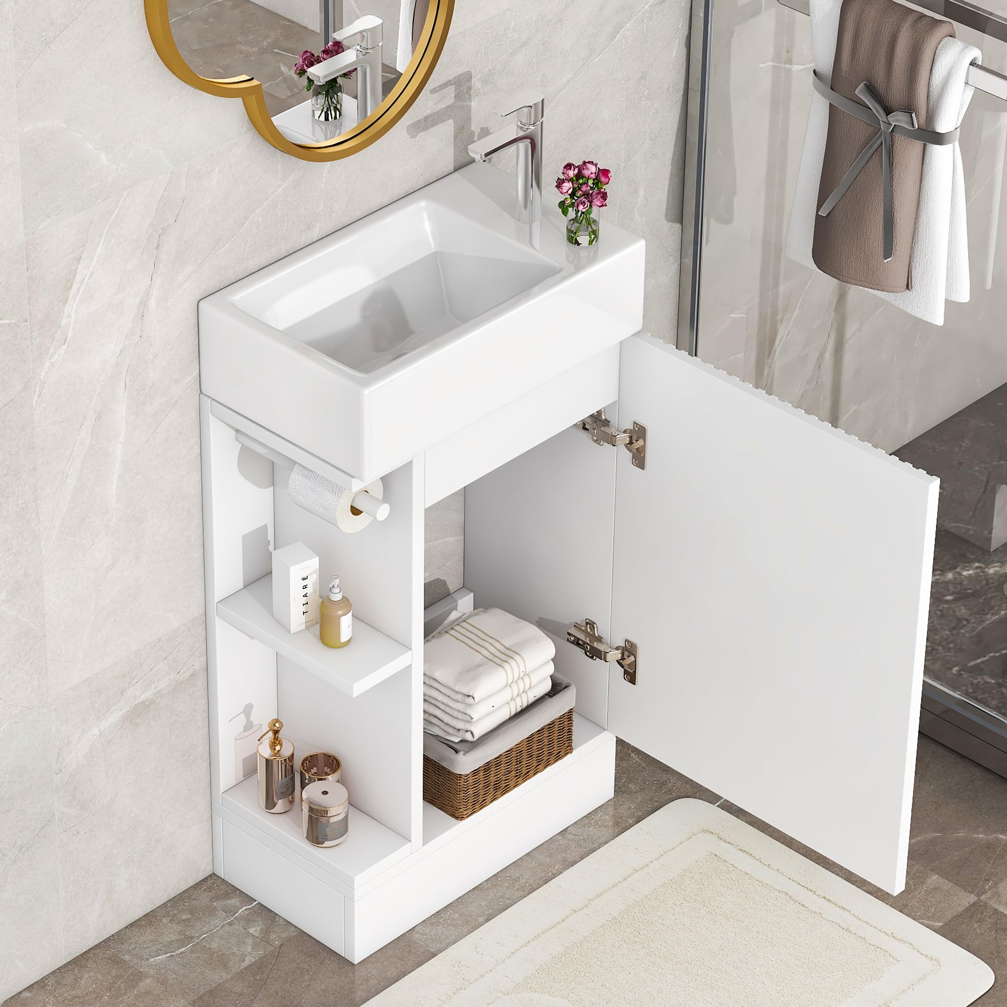 18.6" Bathroom Vanity with Ceramic Sink, Freestanding Cabinets with Open Shelf and Toilet Paper Holder, Left or Right Door Orientation, White