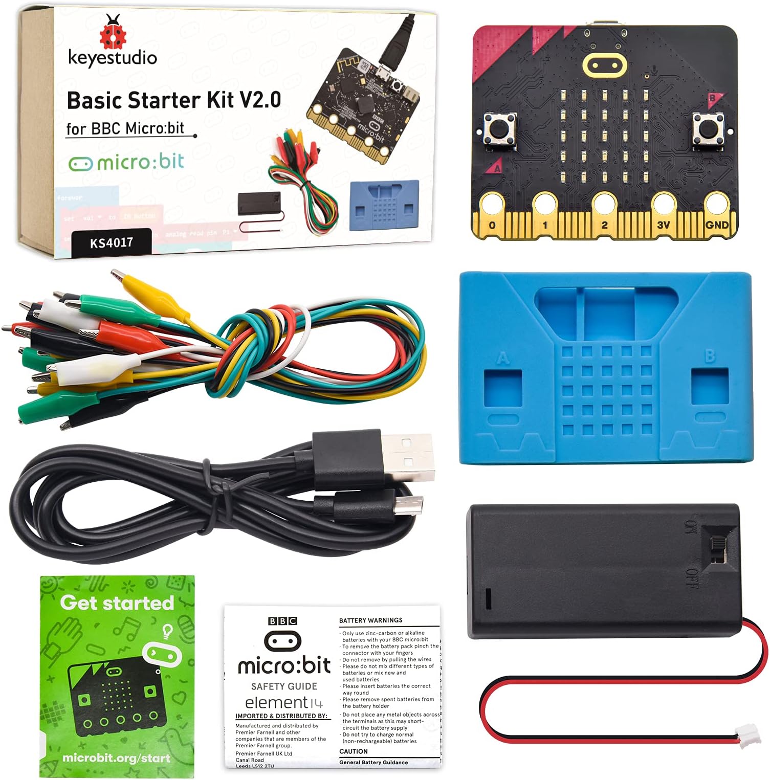 Basic Starter Kit for BBC Micro bit V2, Graphical Programming Built-in Compass, Buttons, LED Matrix Display + Battery Holder & USB Cable for Microbit