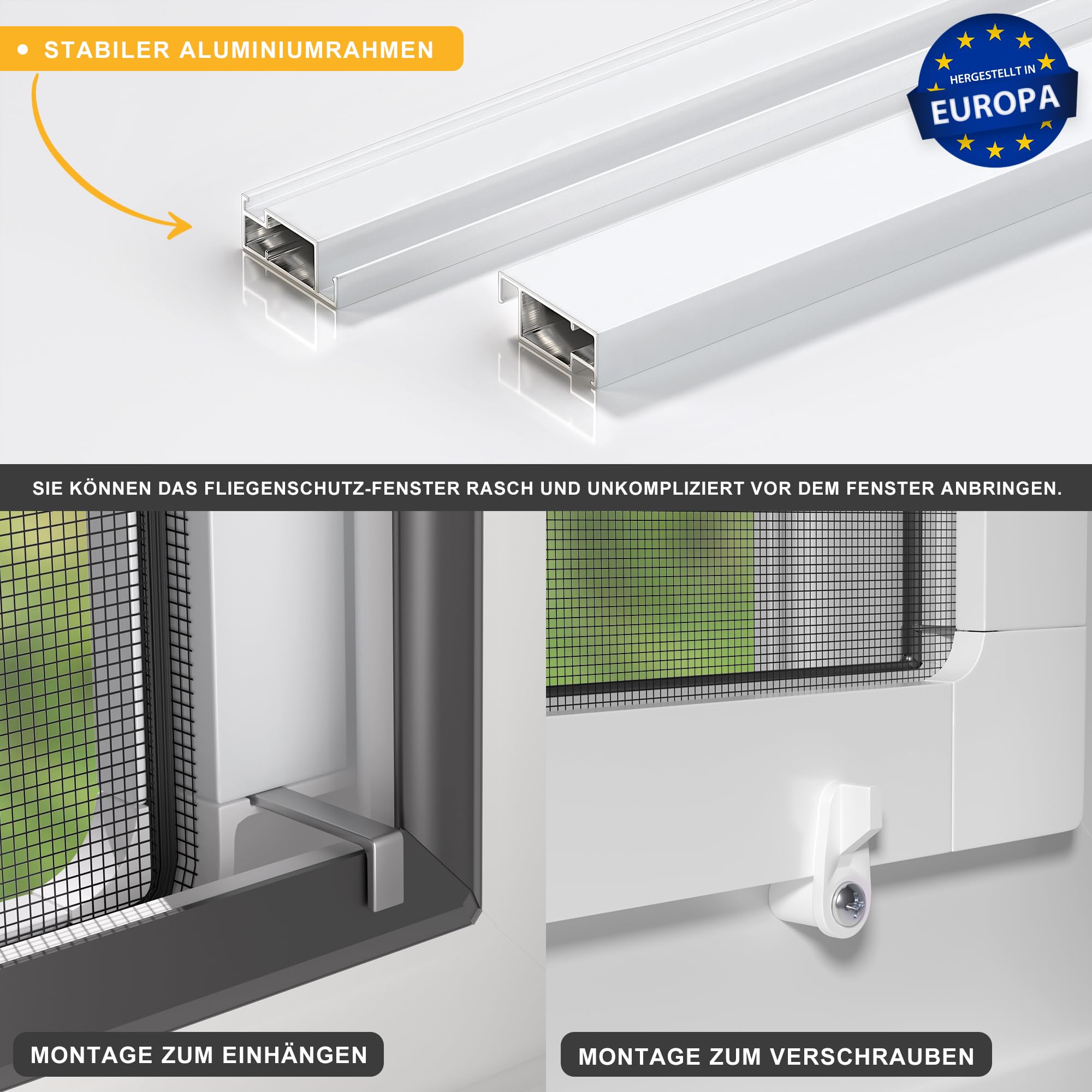jarolift Fliegengitter Fenster Profi Line, Insektenschutz Fliegenschutzgitter Spannrahmen, Kürzbar, Alurahmen, 90 cm x 150 cm (B x H), Rahmenfarbe Weiß