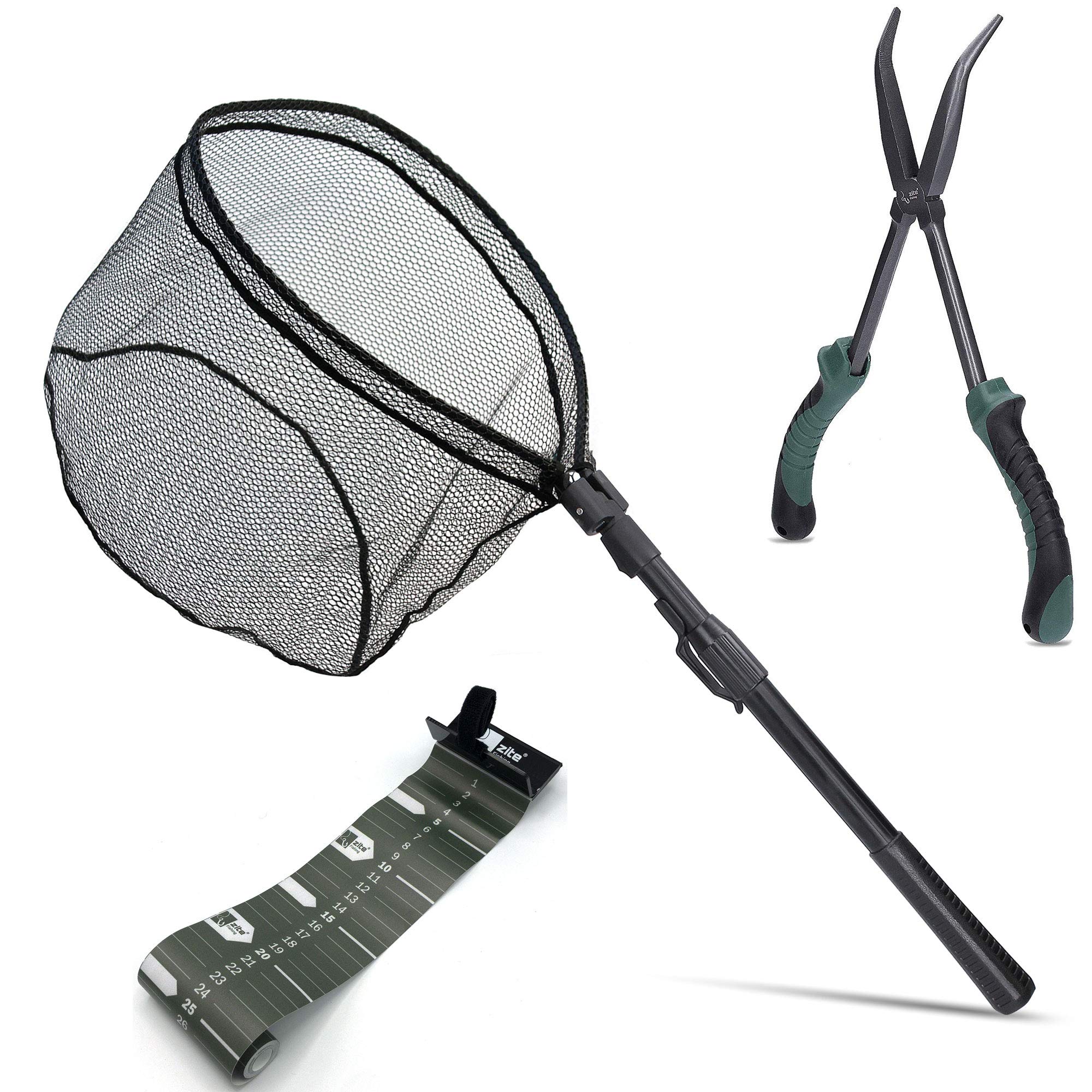 Zite Fishing Angelzubehör-Set - Haken-Lösezange 28cm Angeln - Fisch-Maßband | Aufrollbar 120cm - Spinnfischen Kescher Gummiert & Faltbar