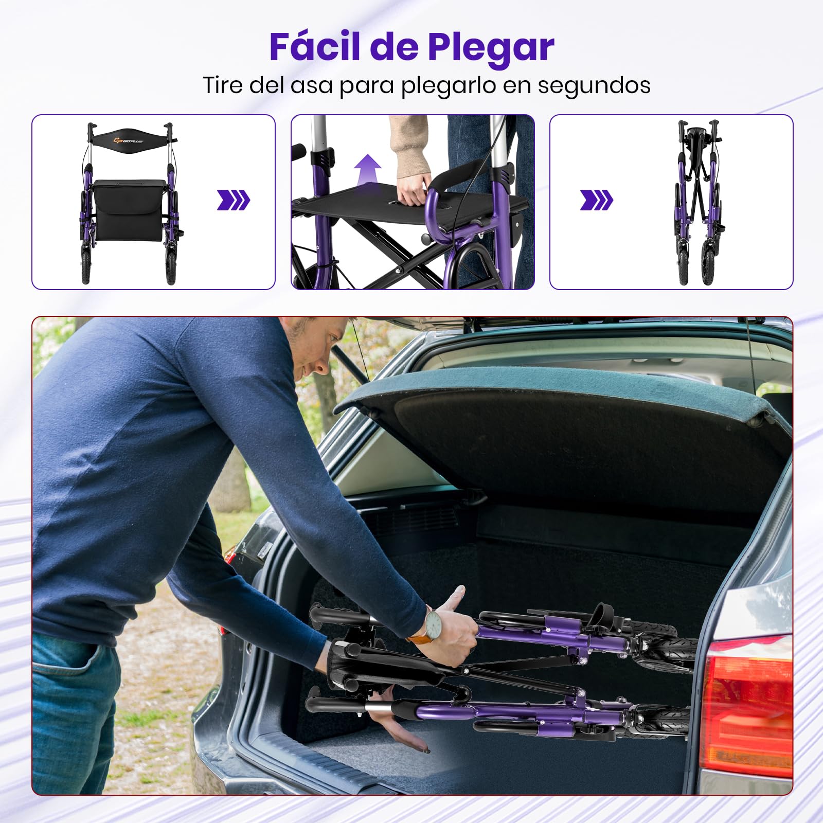 GOPLUS 2 en 1 Andador para Ancianos, Silla con Ruedas de Aluminio Ligero, Alturas Ajustables, Neumáticos para Todo Terreno, Caminadores para Mayores/Discapacitadas (Violeta)