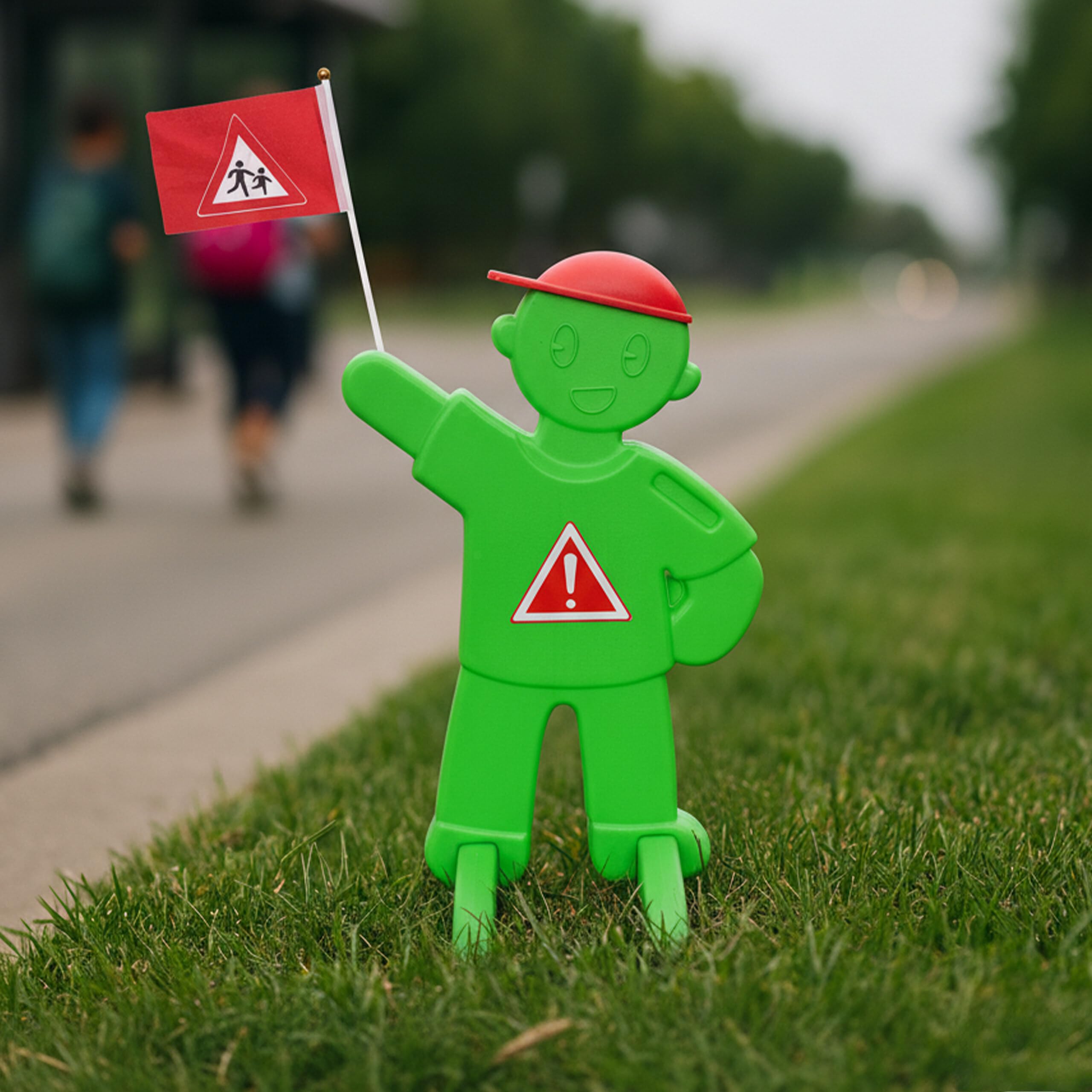 Relaxdays Figura de Aviso para niños con Bandera, Soporte Seguridad HBT: 84x52x46 cm, señal Reflectante Verde