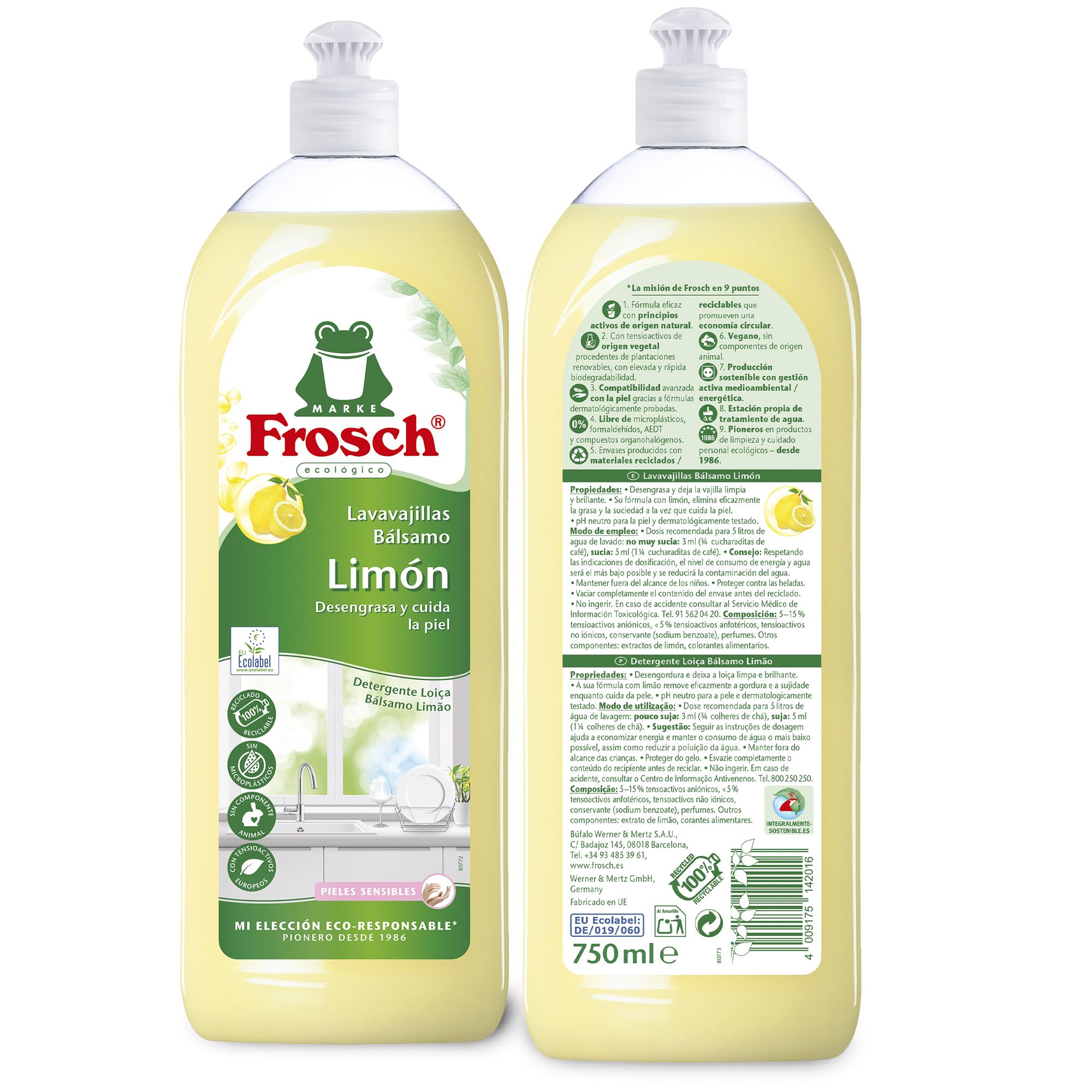 Frosch - Lavavajillas a Mano Líquido Bálsamo Ecológico Limón, Desengrasa y Protege la Piel, Dermatológicamente Testado - Pack de 2 Unidades x 750 ml